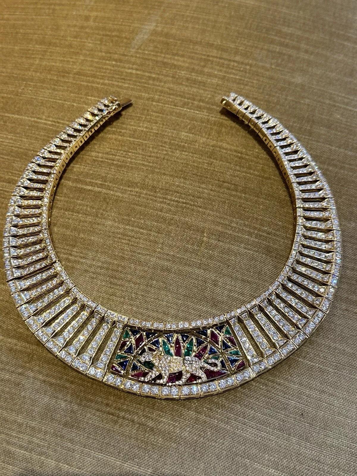 Panther Diamond and Colored Stone Collar Necklace & Bracelet Set 18k Yellow Gold 1