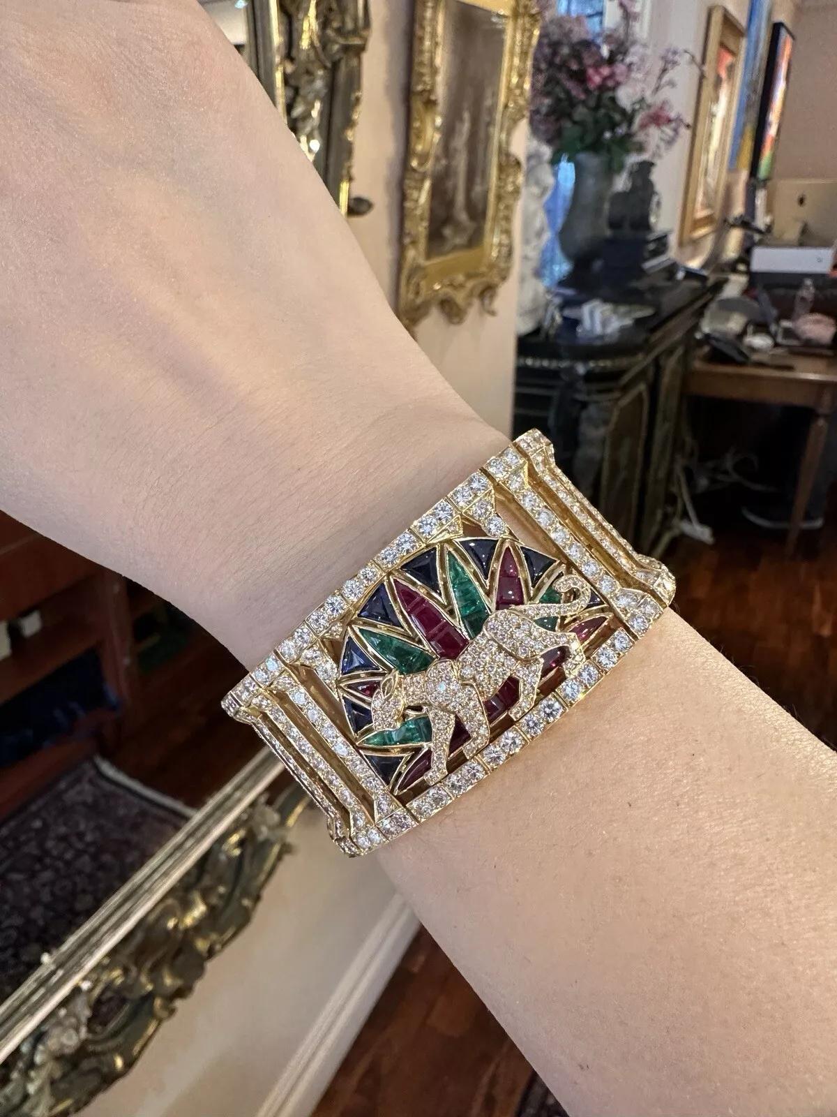 Panther Diamond and Colored Stone Collar Necklace & Bracelet Set 18k Yellow Gold 2