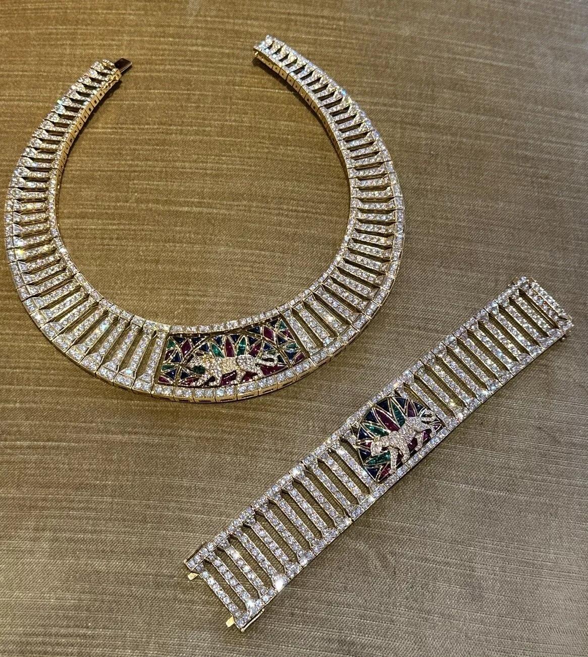 Panther Diamond and Colored Stone Collar Necklace & Bracelet Set 18k Yellow Gold 4