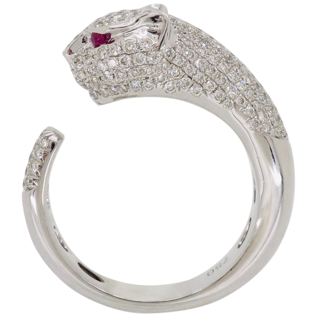 Panther Diamond and Ruby Ring Made in 18 Karat White Gold