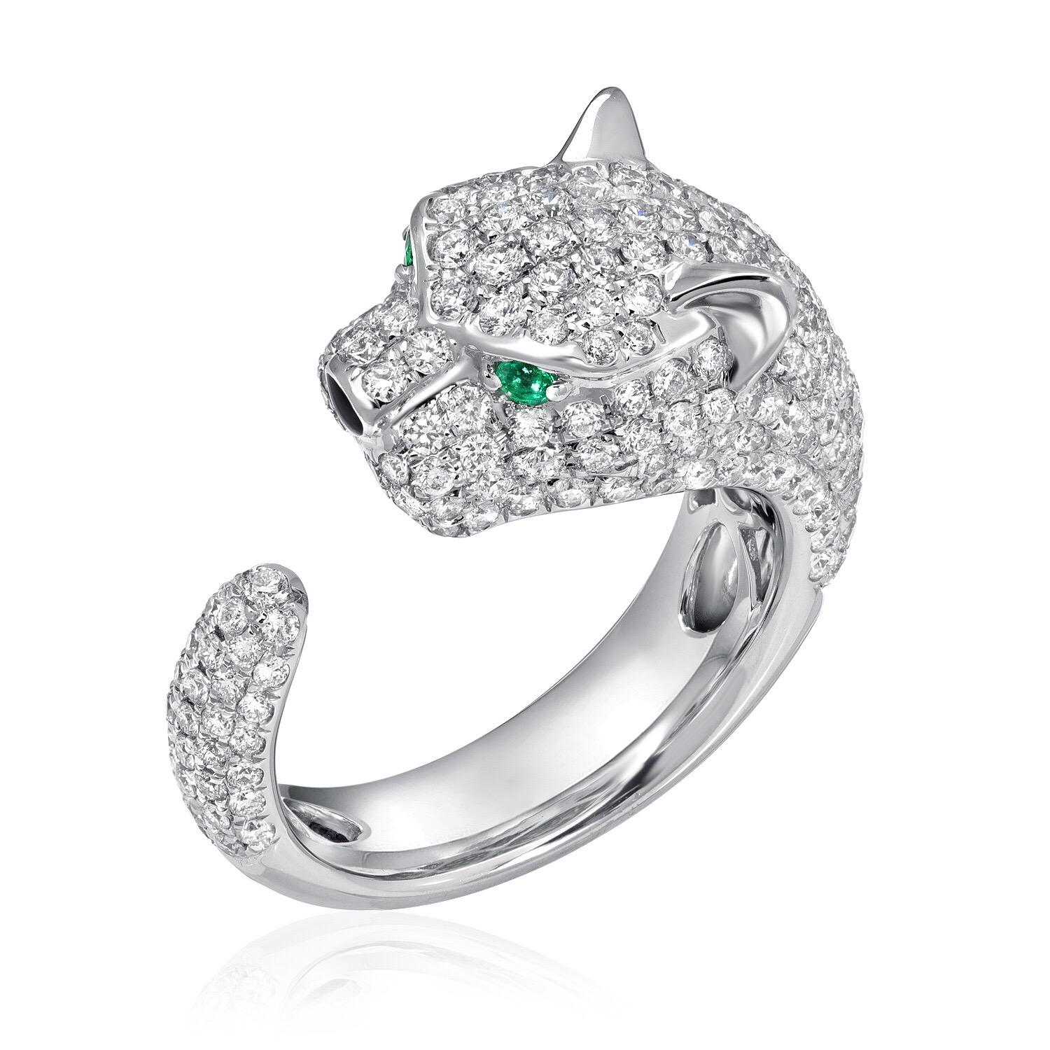 White gold diamond ring, featuring a Panther, set with a total of 2.48 carats of round brilliant diamonds and 0.07 carats of Emeralds in the eyes.
Diamond ring size 7.5. Resizing is complimentary upon request.
Returns are accepted and paid by us