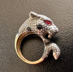 Panther Diamond Enamel Ring 14K Gold Silver Lion Leopard Cartier Style