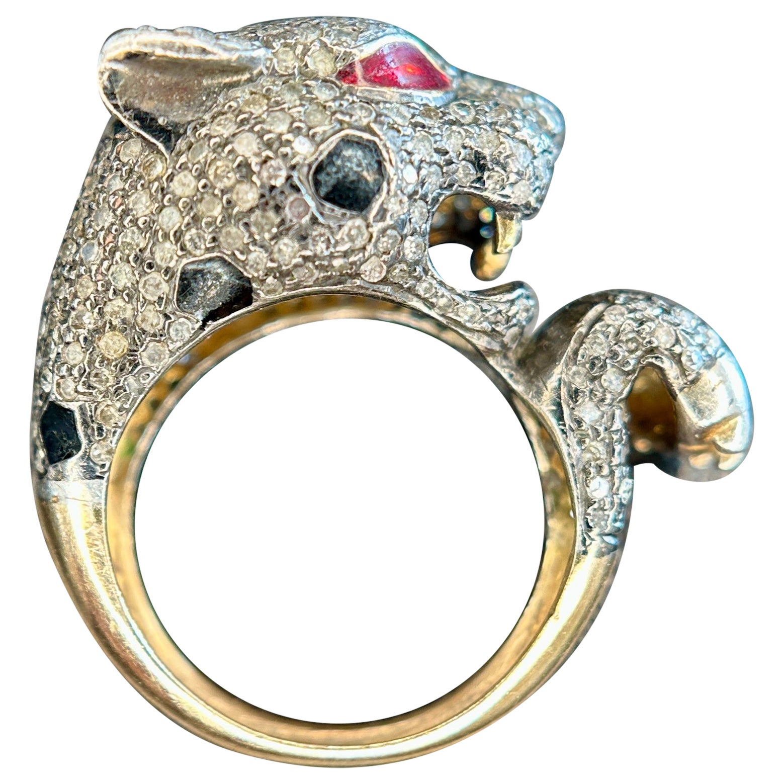 Panther Diamant-Emaille-Ring 14K Gold Silber Löwe Leopard Cartier Stil