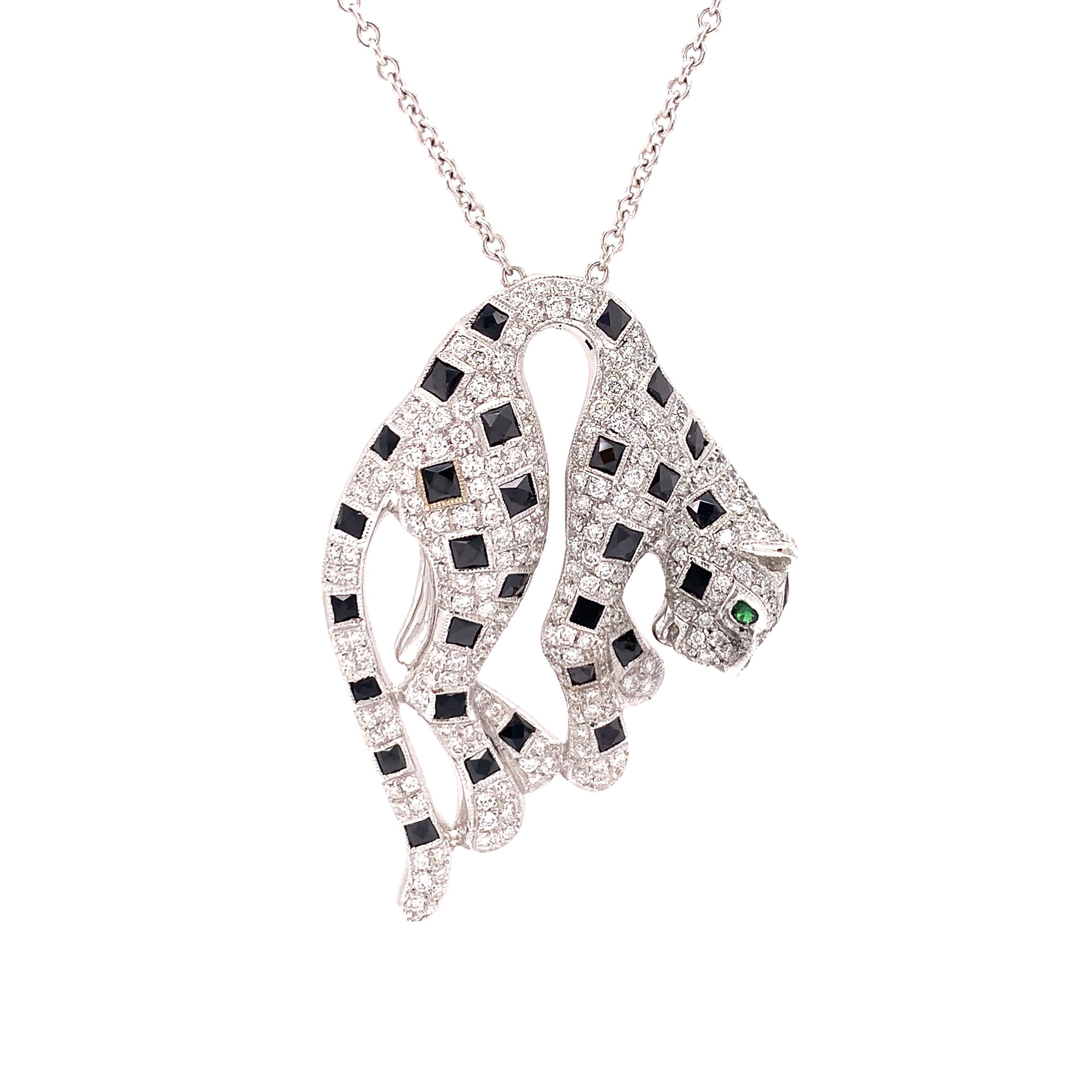 Be ready for compliments while wearing this iconic panther design. With 2.00 cttw of G-H color and VS1-SI1 clarity diamonds, this classic necklace will catch the eye.  Accented with .78 cttw of custom cut onyx and a .05 ct tsavorite for the panthers
