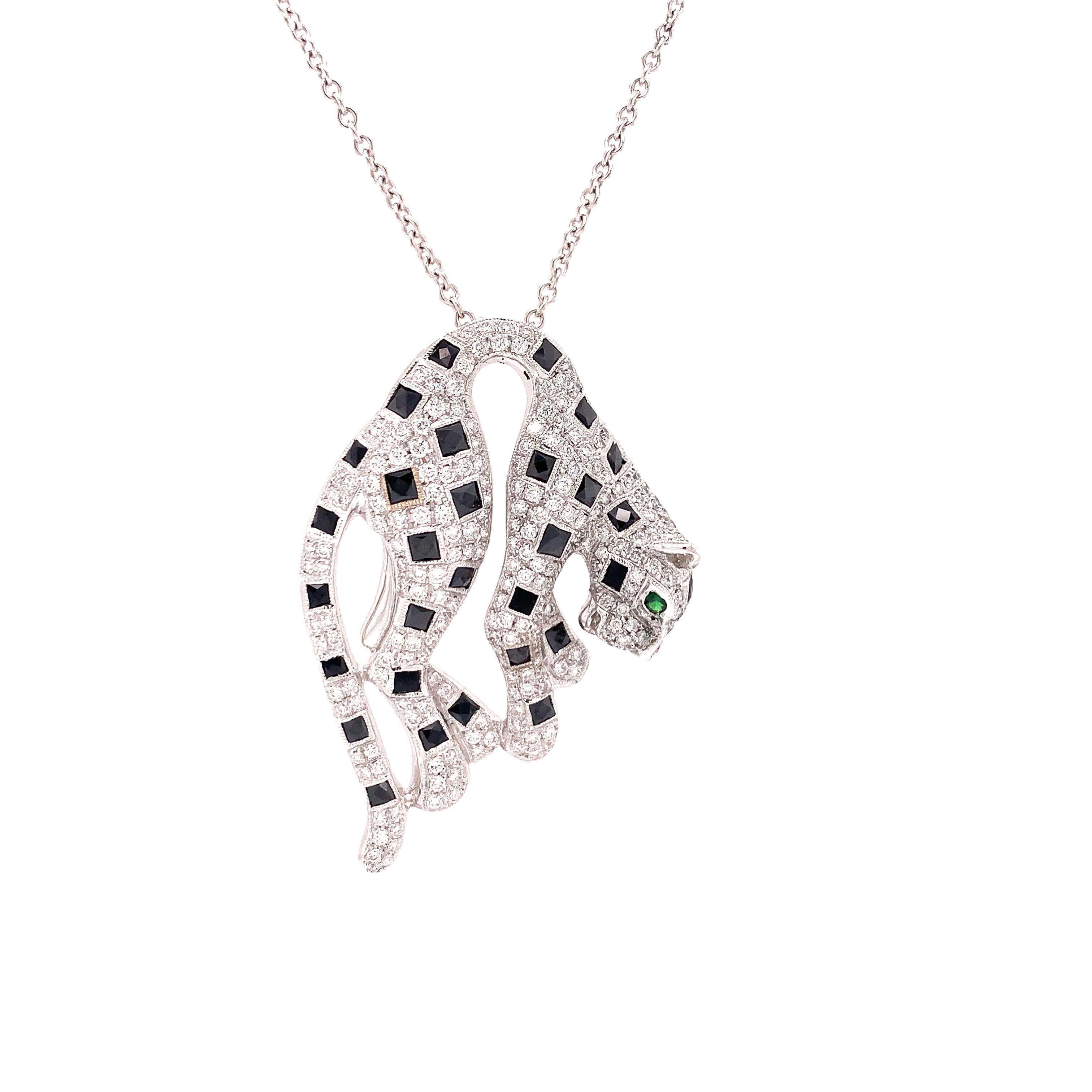 Panther Diamond, Onyx and Tsavorite 18K White Gold Designer Necklace