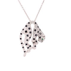 Panther Diamond, Onyx and Tsavorite 18K White Gold Designer Necklace