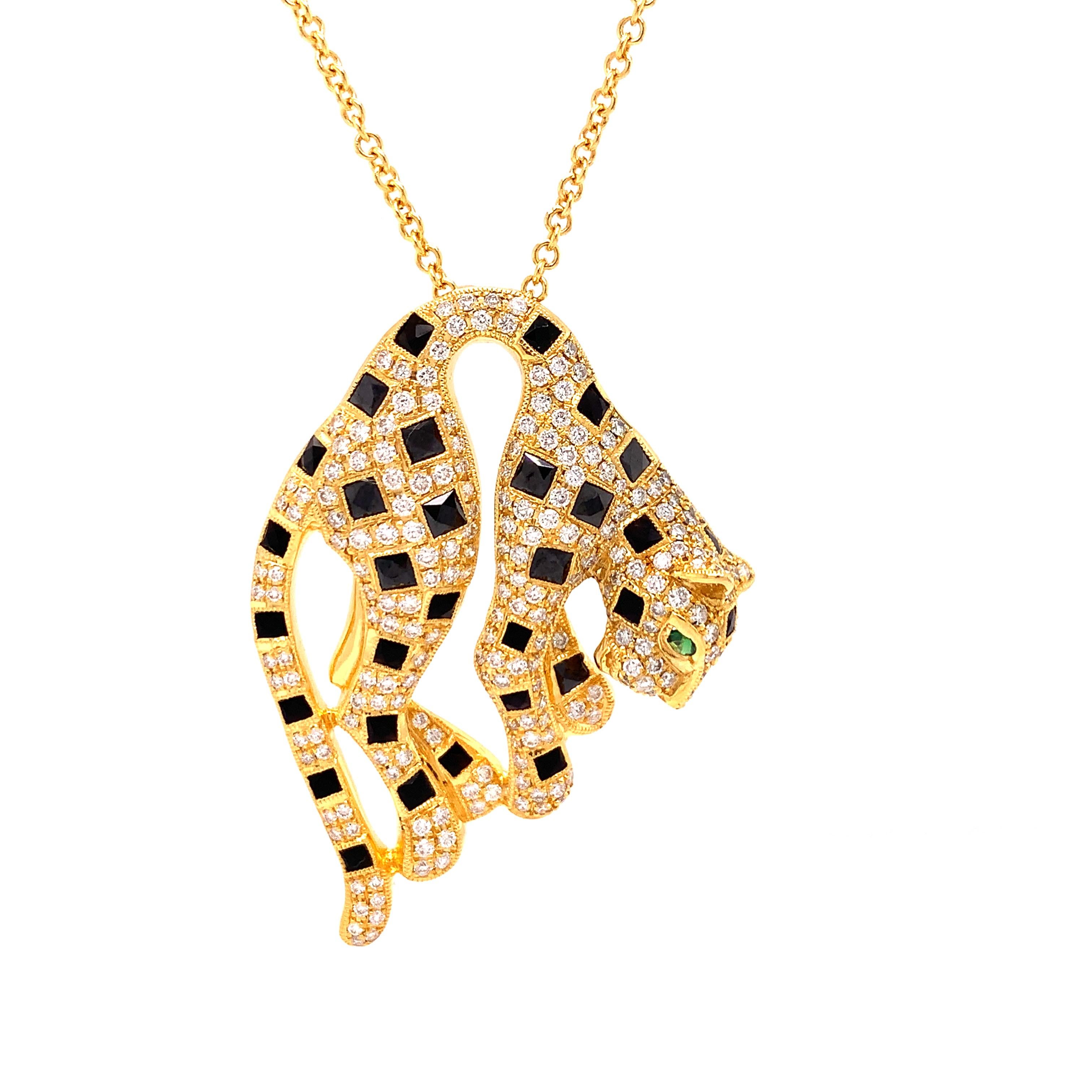 Be ready for compliments while wearing this iconic panther design. With 2.02 cttw of G-H color and VS1-SI1 clarity diamonds, this classic necklace will catch the eye. Accented with .80 cttw of custom cut onyx and a .05 ct tsavorite for the panthers
