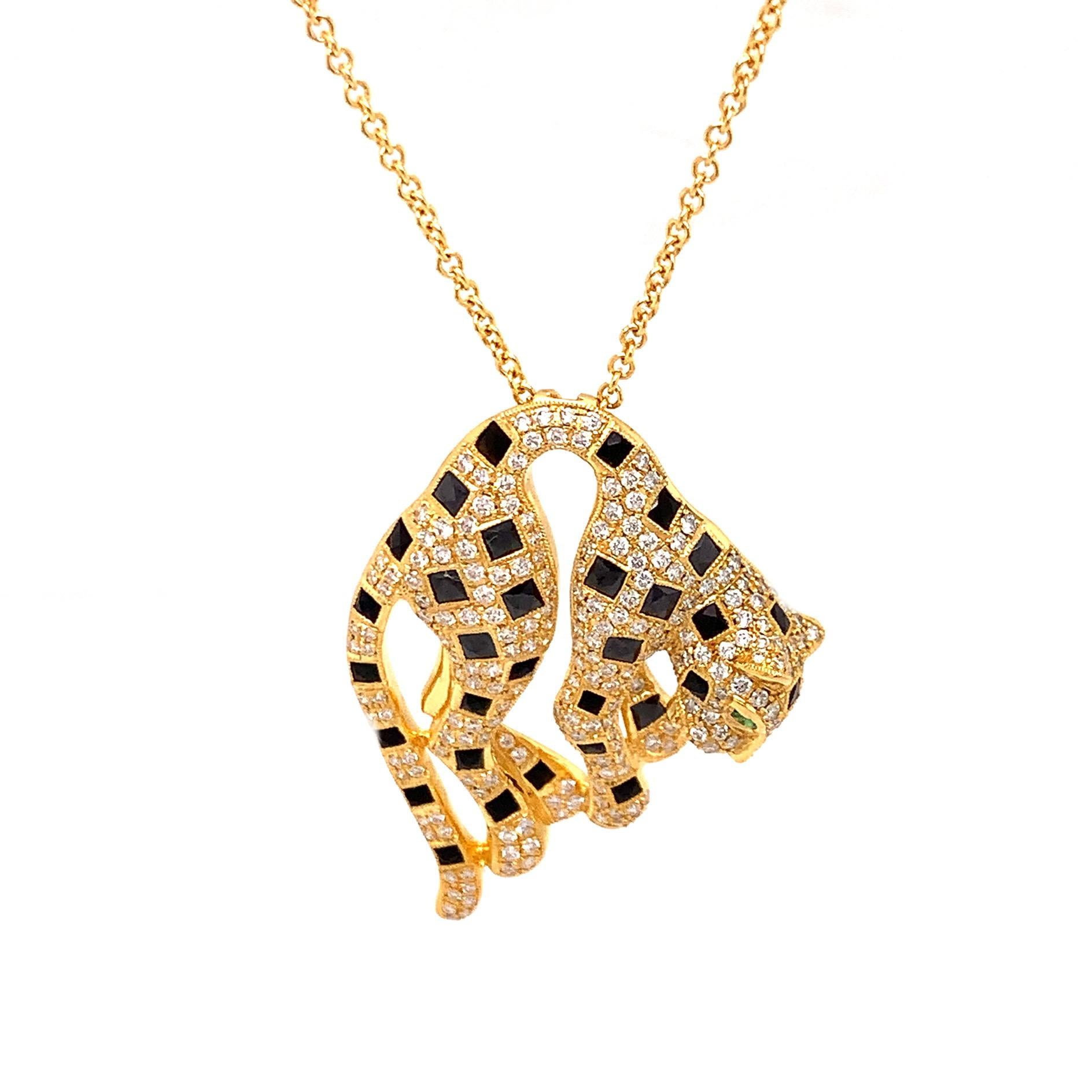 Designer-Halskette aus 18 Karat Gelbgold mit Panther-Diamant, Onyx und Tsavorit 