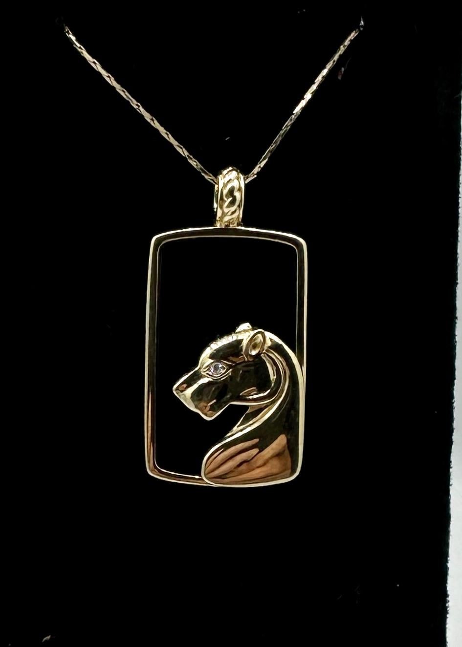 Retro Panther Diamond Onyx Pendant Necklace 14 Karat Gold Cartier Style Lion Leopard For Sale
