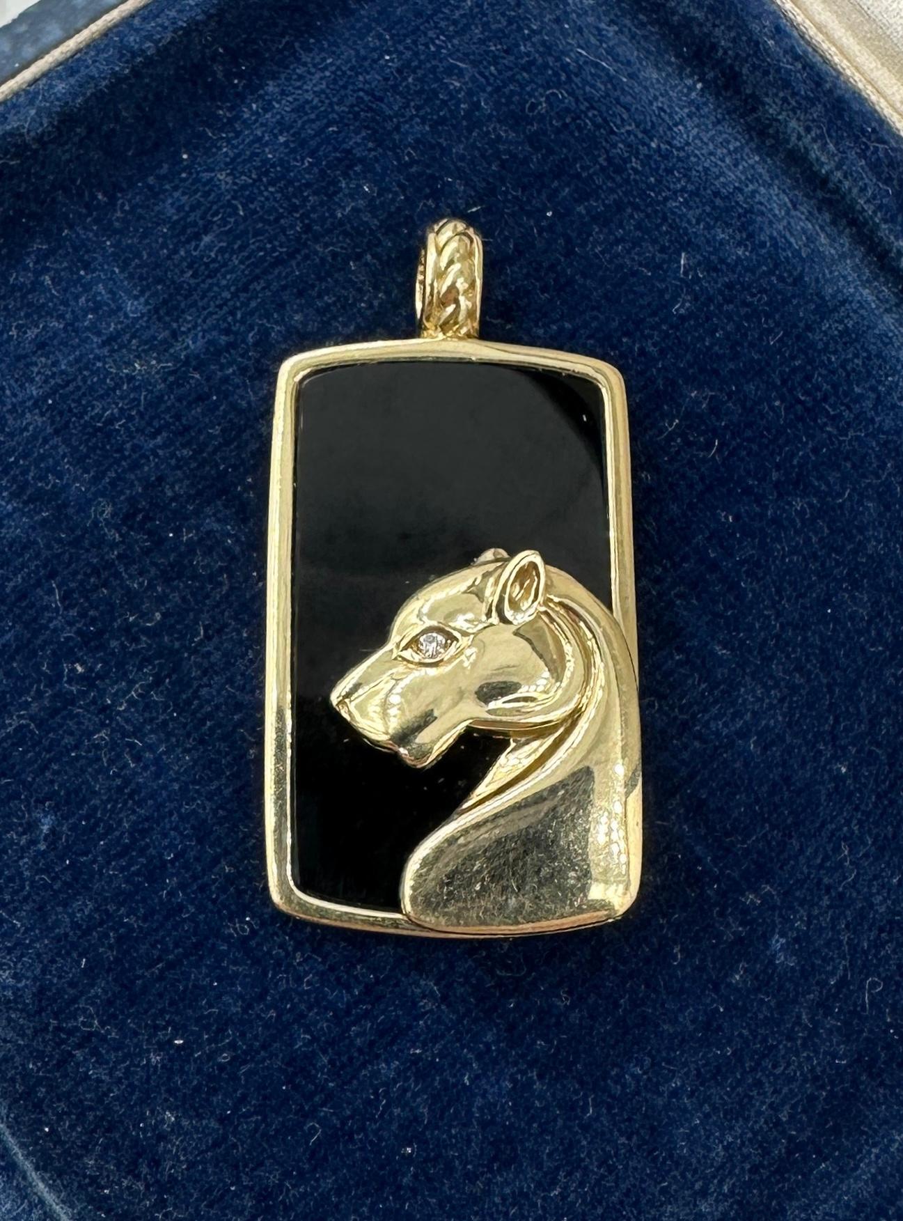 Women's or Men's Panther Diamond Onyx Pendant Necklace 14 Karat Gold Cartier Style Lion Leopard For Sale