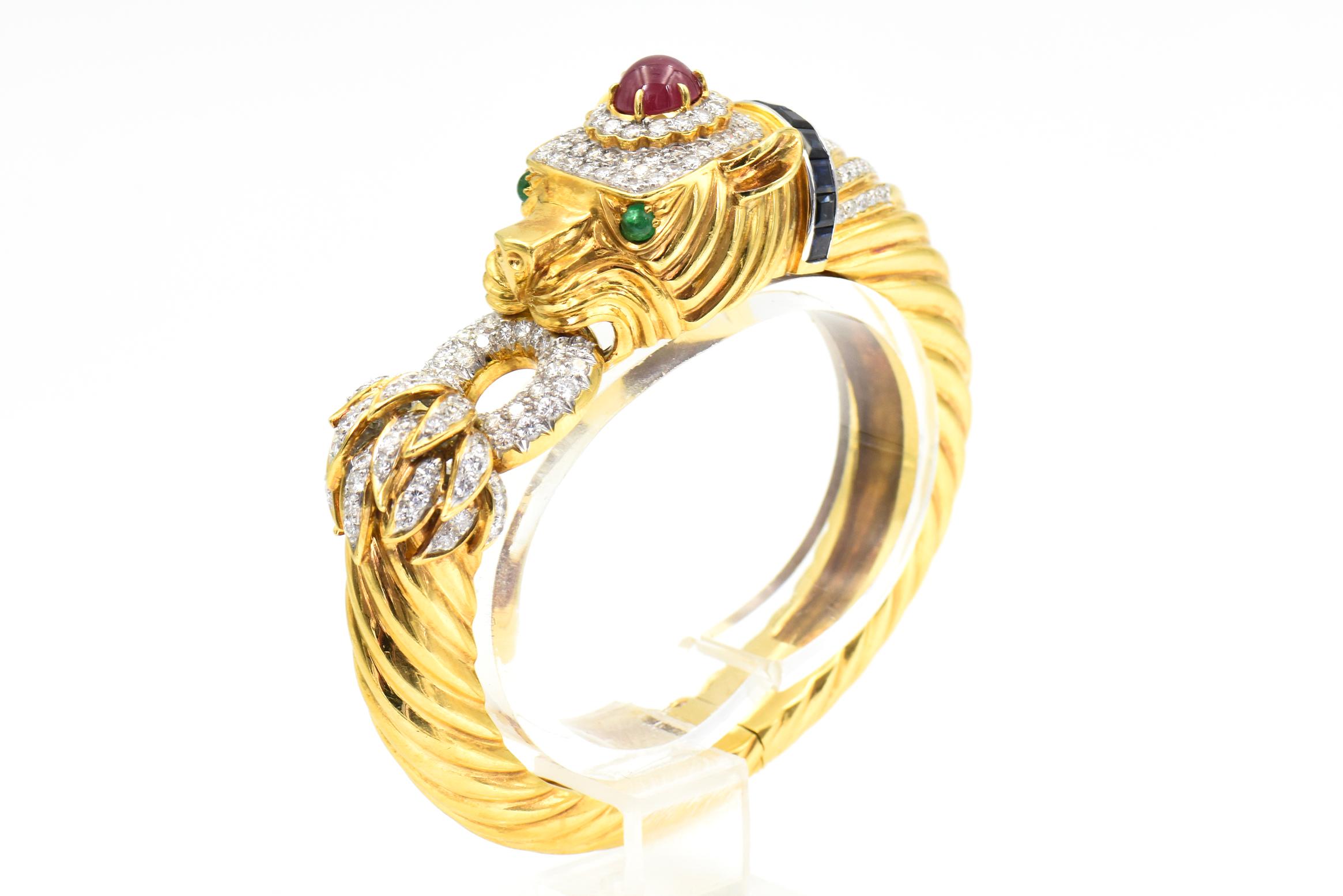 Pantera Diamante Rubí Esmeralda y Zafiro Pulsera de Oro Corte redondo en venta