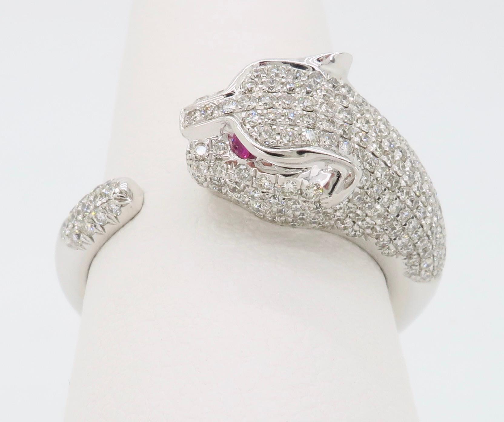 Panther Diamond and Ruby Ring Made in 18 Karat White Gold 5