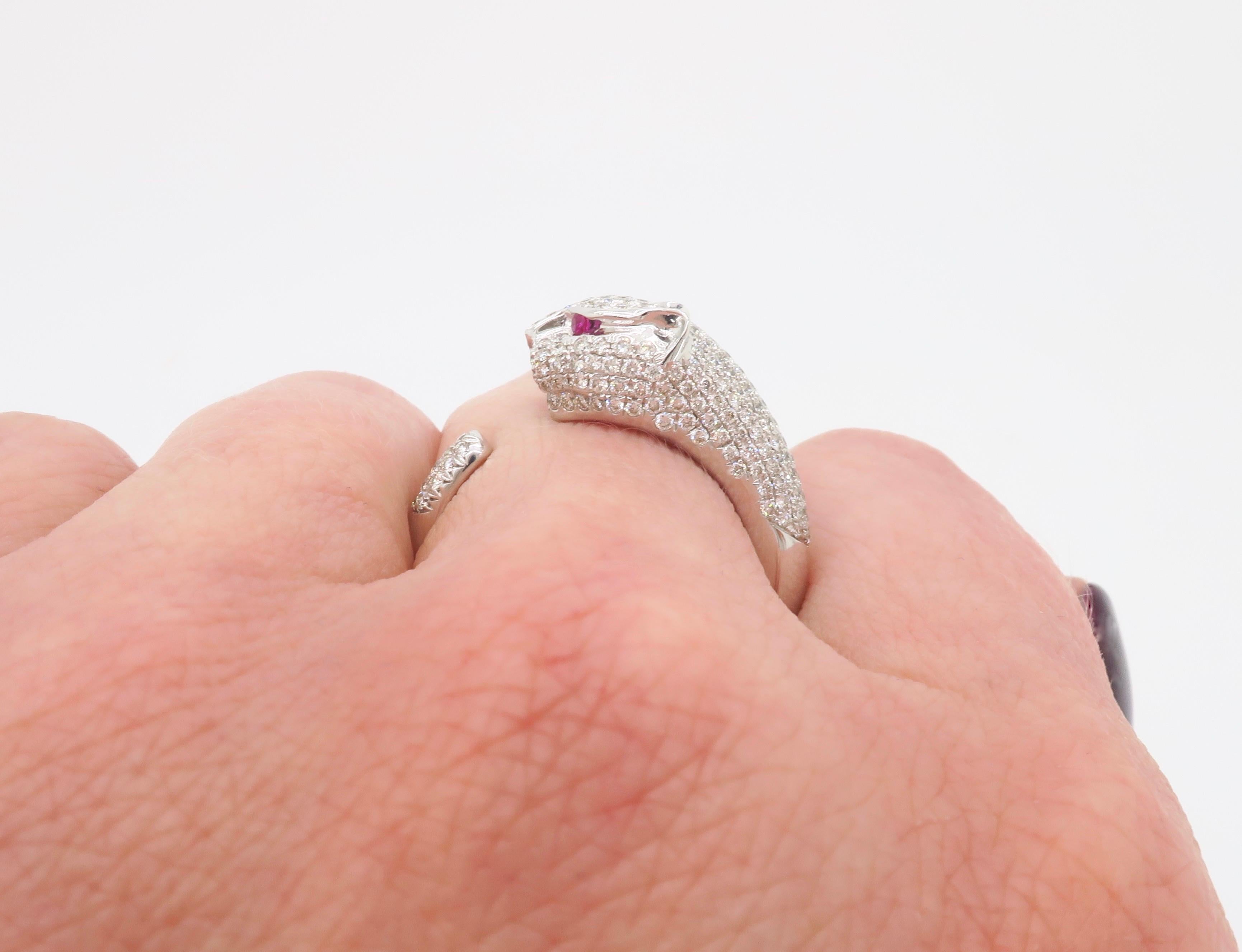 Panther Diamond and Ruby Ring Made in 18 Karat White Gold 8