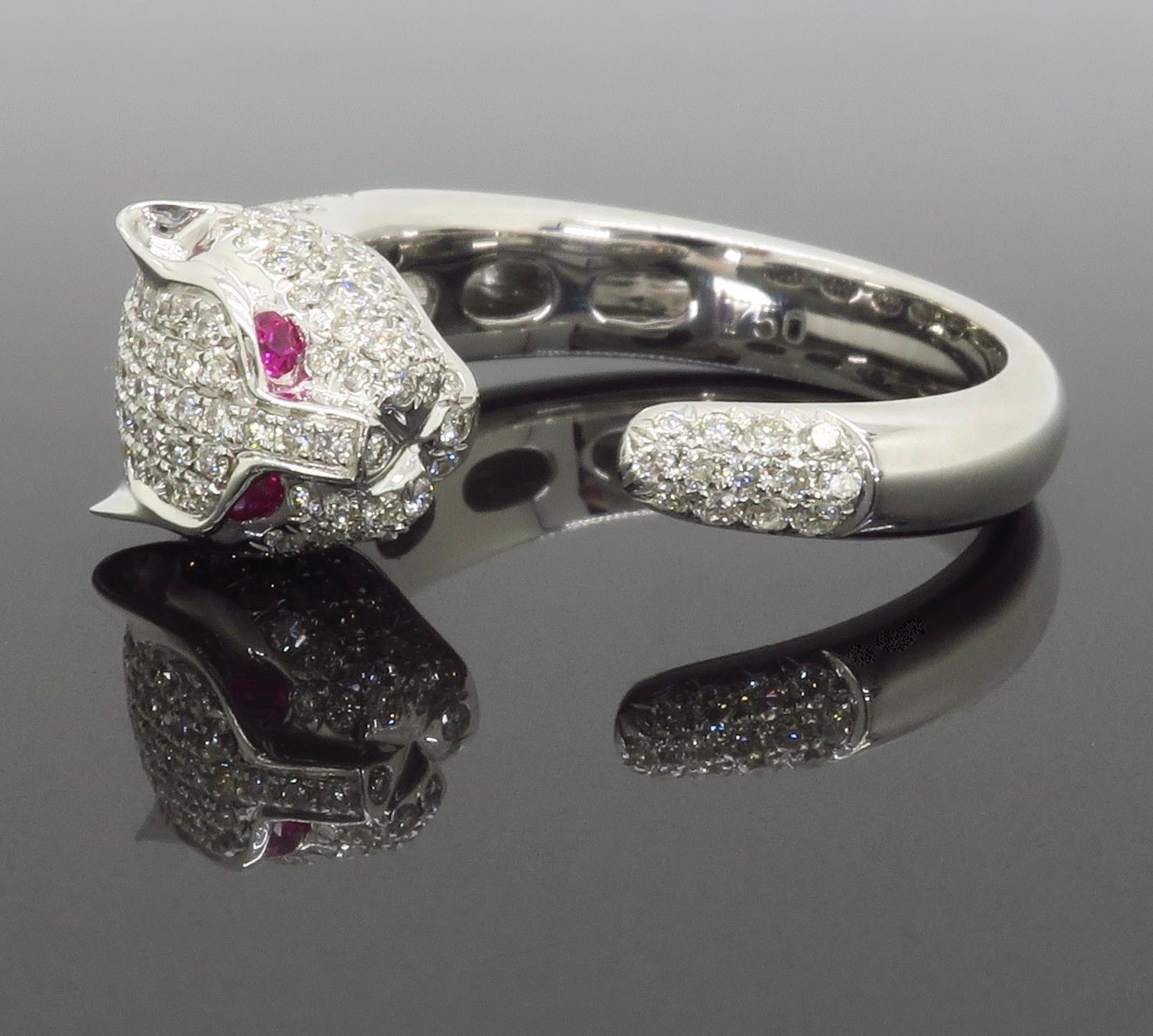 Panther Diamond and Ruby Ring Made in 18 Karat White Gold 12