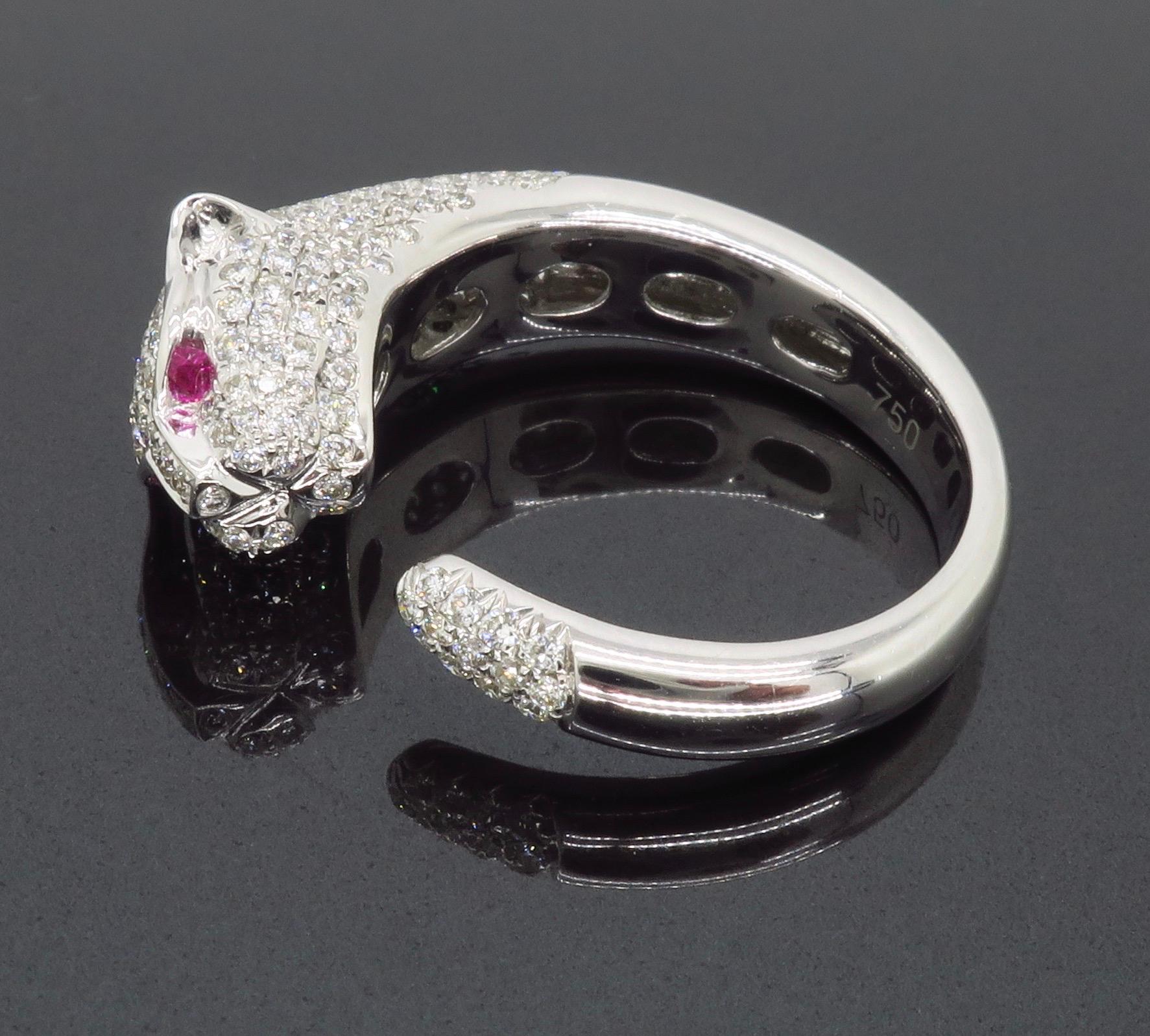 Panther Diamond and Ruby Ring Made in 18 Karat White Gold 13