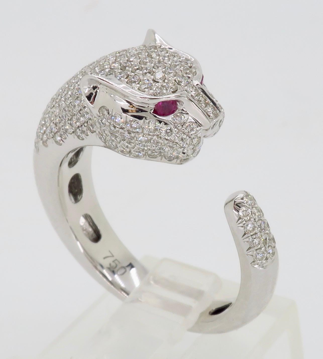 Round Cut Panther Diamond and Ruby Ring Made in 18 Karat White Gold