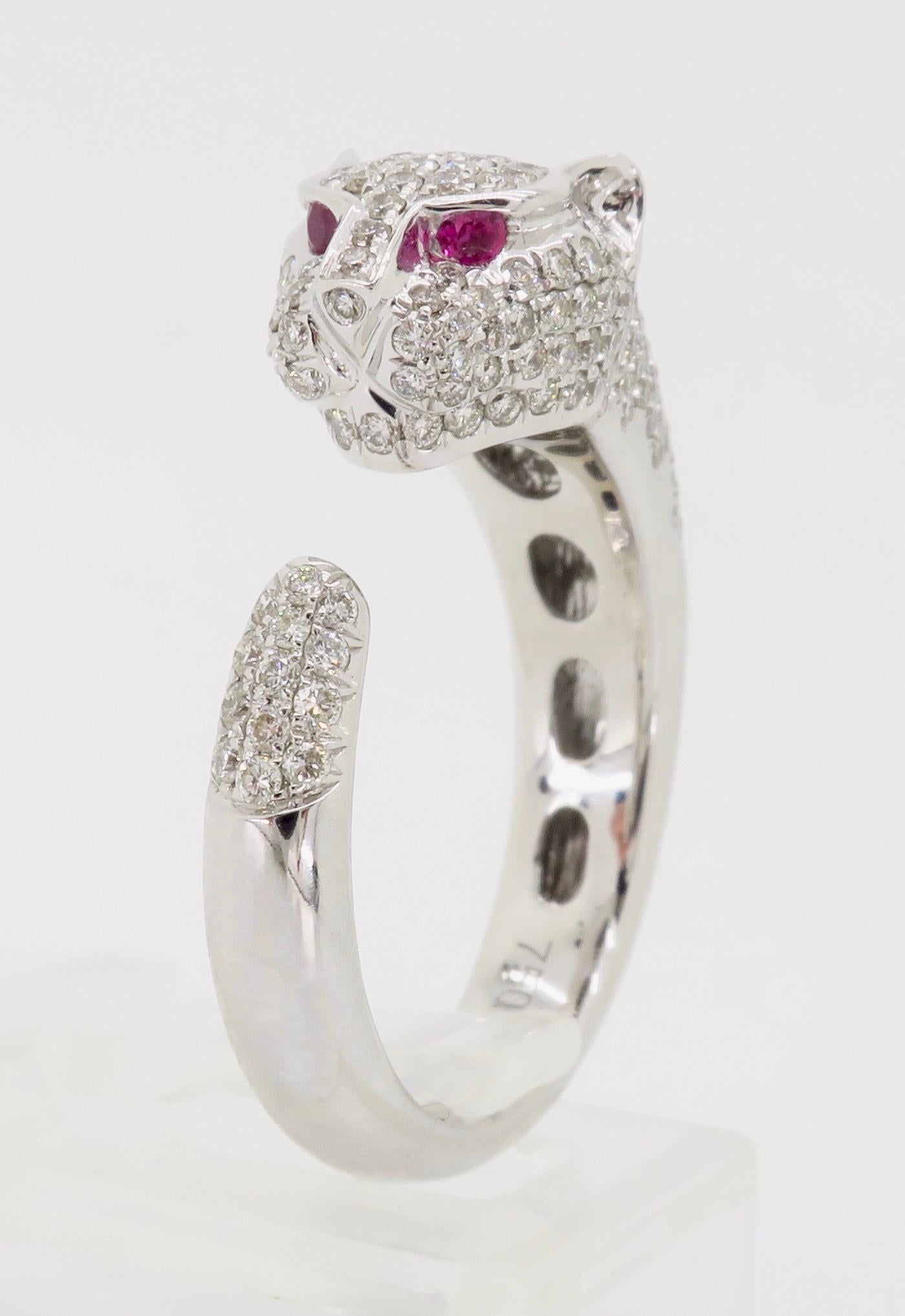 Panther Diamond and Ruby Ring Made in 18 Karat White Gold In New Condition In Webster, NY