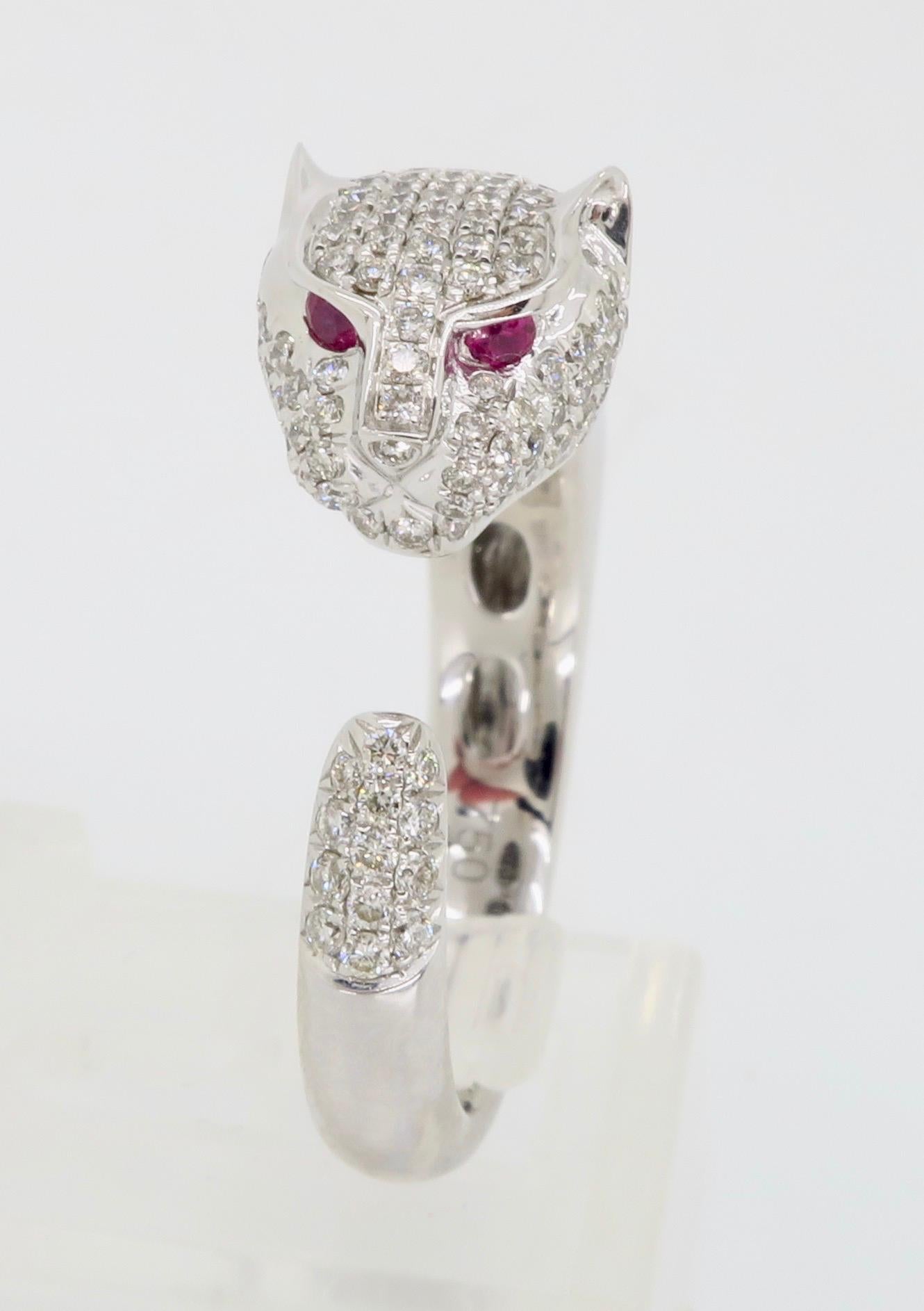 Women's or Men's Panther Diamond and Ruby Ring Made in 18 Karat White Gold