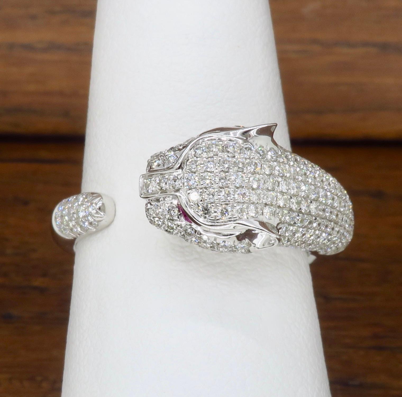 Panther Diamond and Ruby Ring Made in 18 Karat White Gold 1