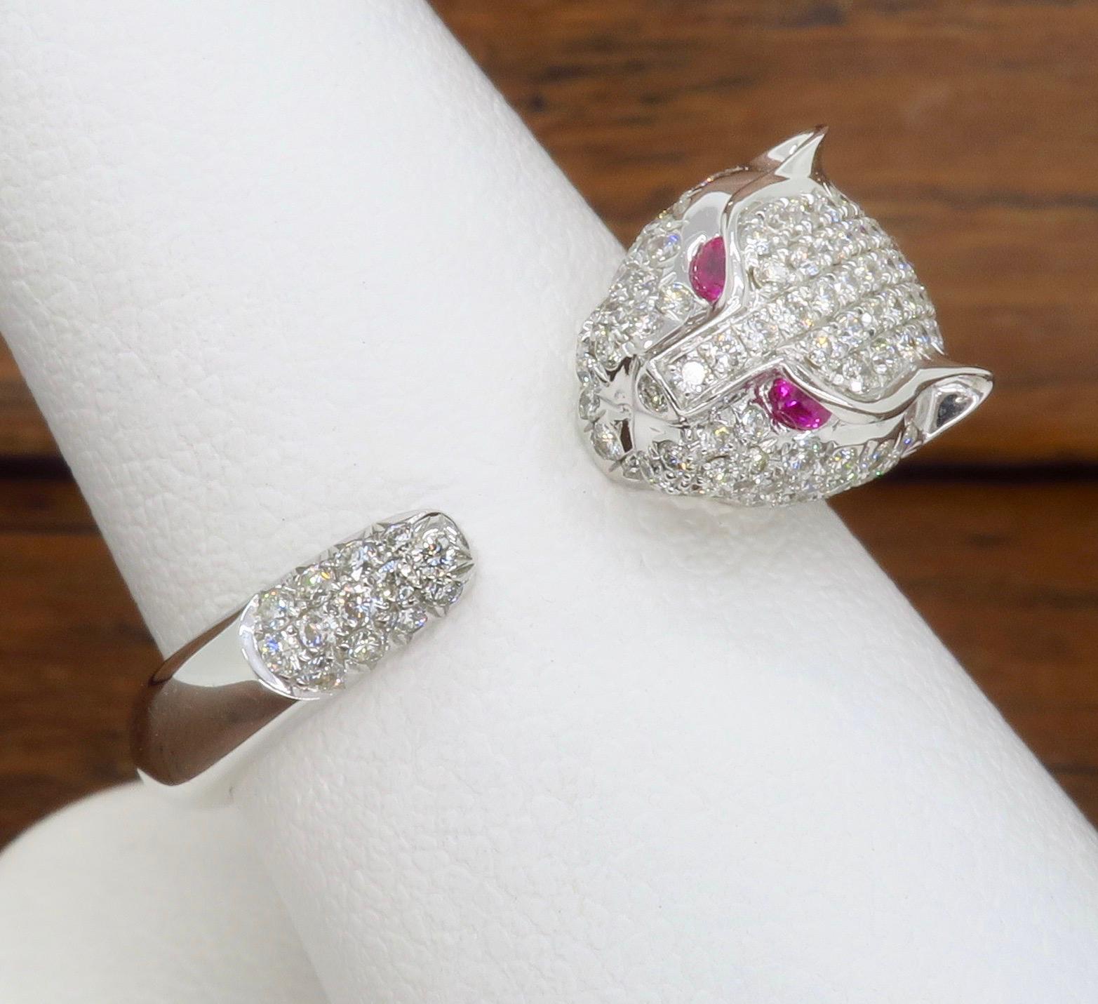 Panther Diamond and Ruby Ring Made in 18 Karat White Gold 2