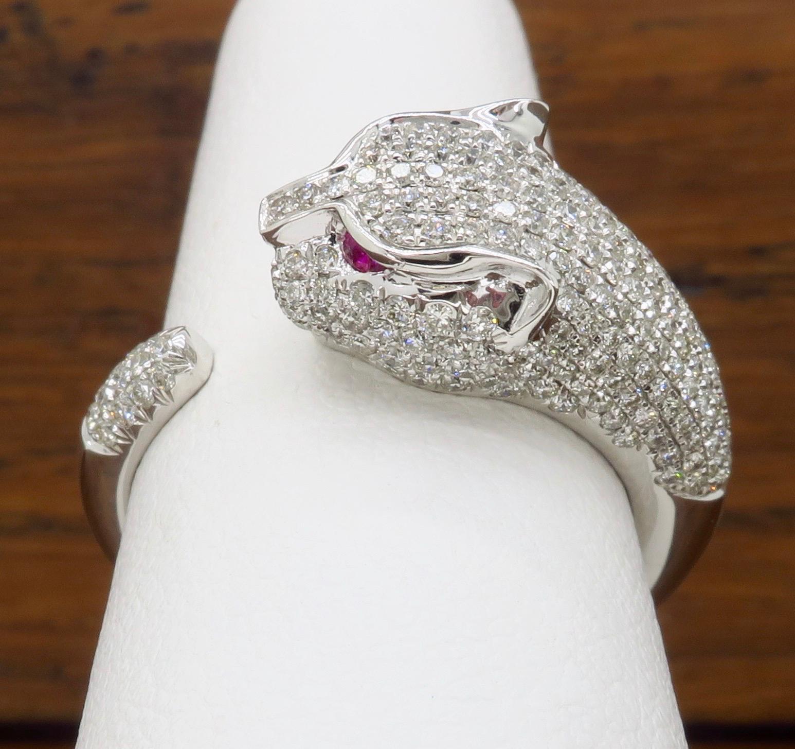 Panther Diamond and Ruby Ring Made in 18 Karat White Gold 3
