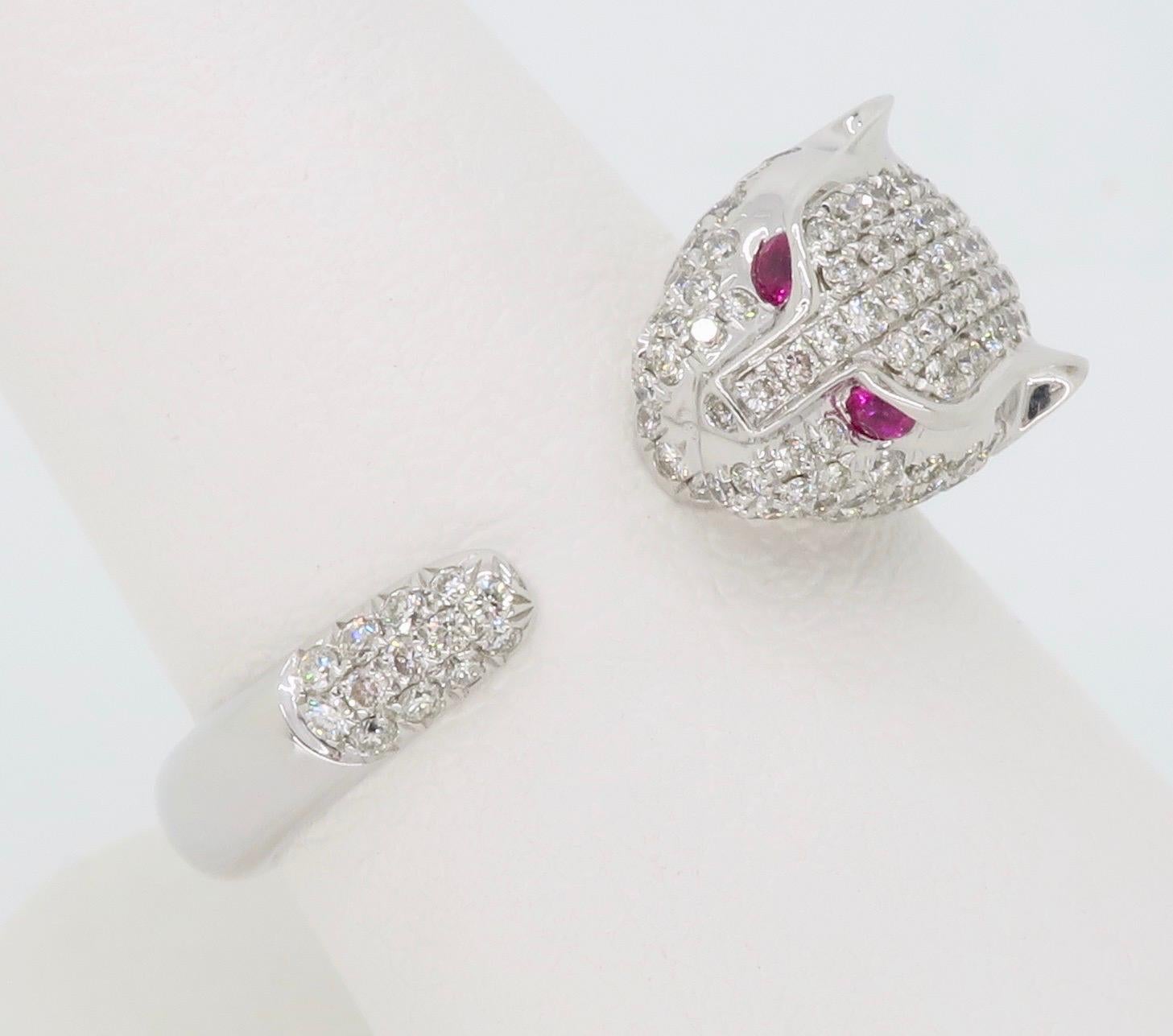 Panther Diamond and Ruby Ring Made in 18 Karat White Gold 4