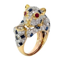 Panther Diamond Sapphire and Ruby 18K Yellow Gold Ring