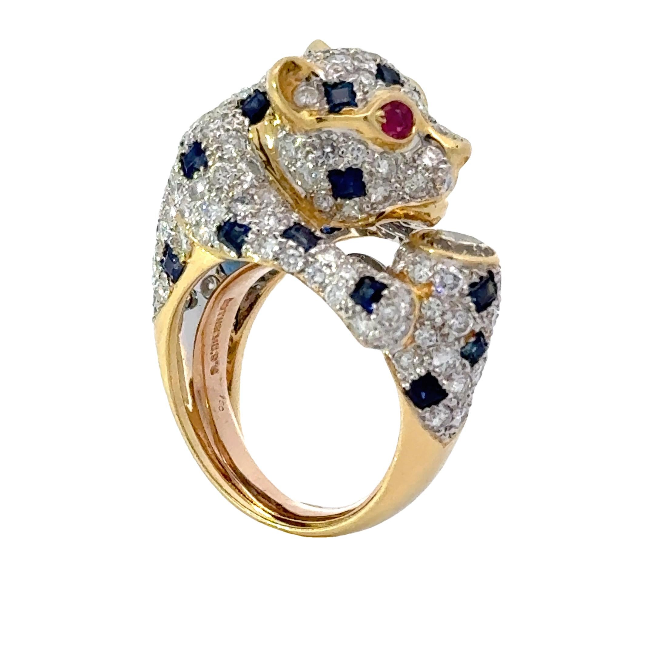 Modern Panther Diamond Sapphire and Ruby 18K Yellow Gold Ring