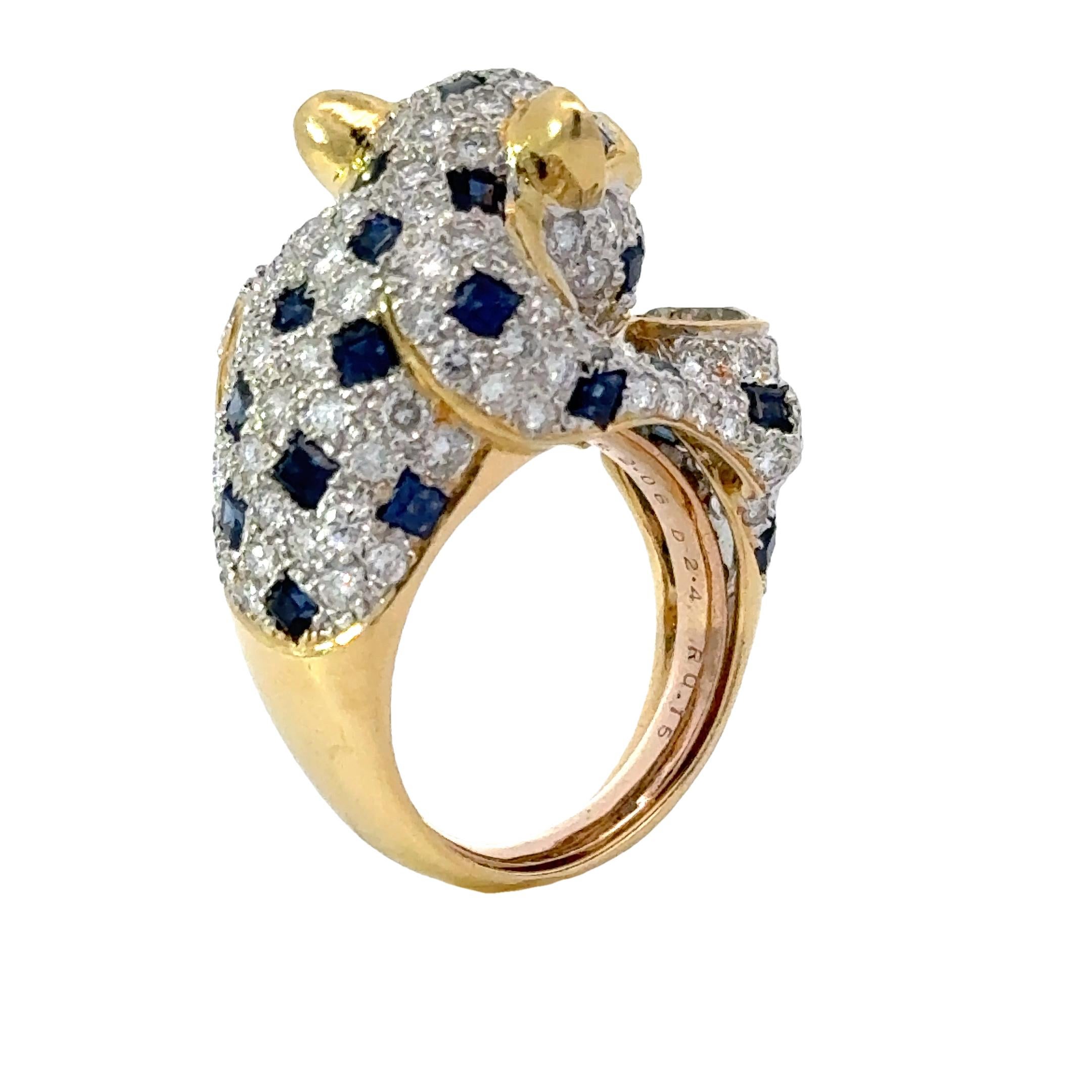 Round Cut Panther Diamond Sapphire and Ruby 18K Yellow Gold Ring