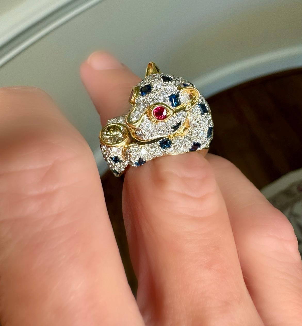 Panther Diamond Sapphire and Ruby 18K Yellow Gold Ring 1