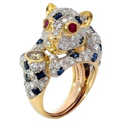 Panther Diamond Sapphire and Ruby 18K Yellow Gold Ring
