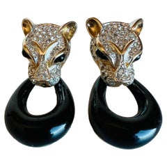 Panther Door Knocker Rhinestone Gold Plate Black Hoop Earrings