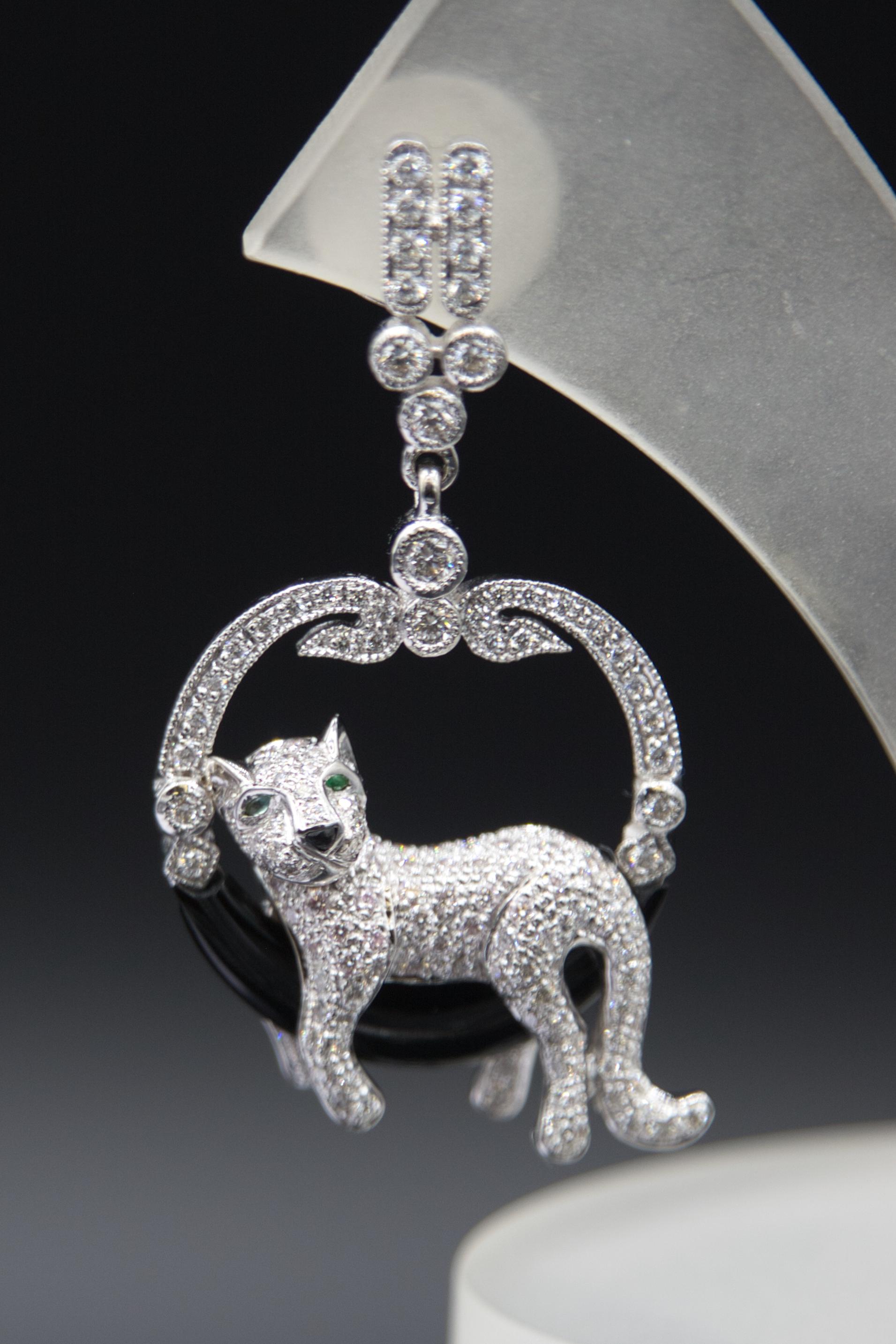 Panther earings 18 k gold diamond onyx emerald in vendita 2
