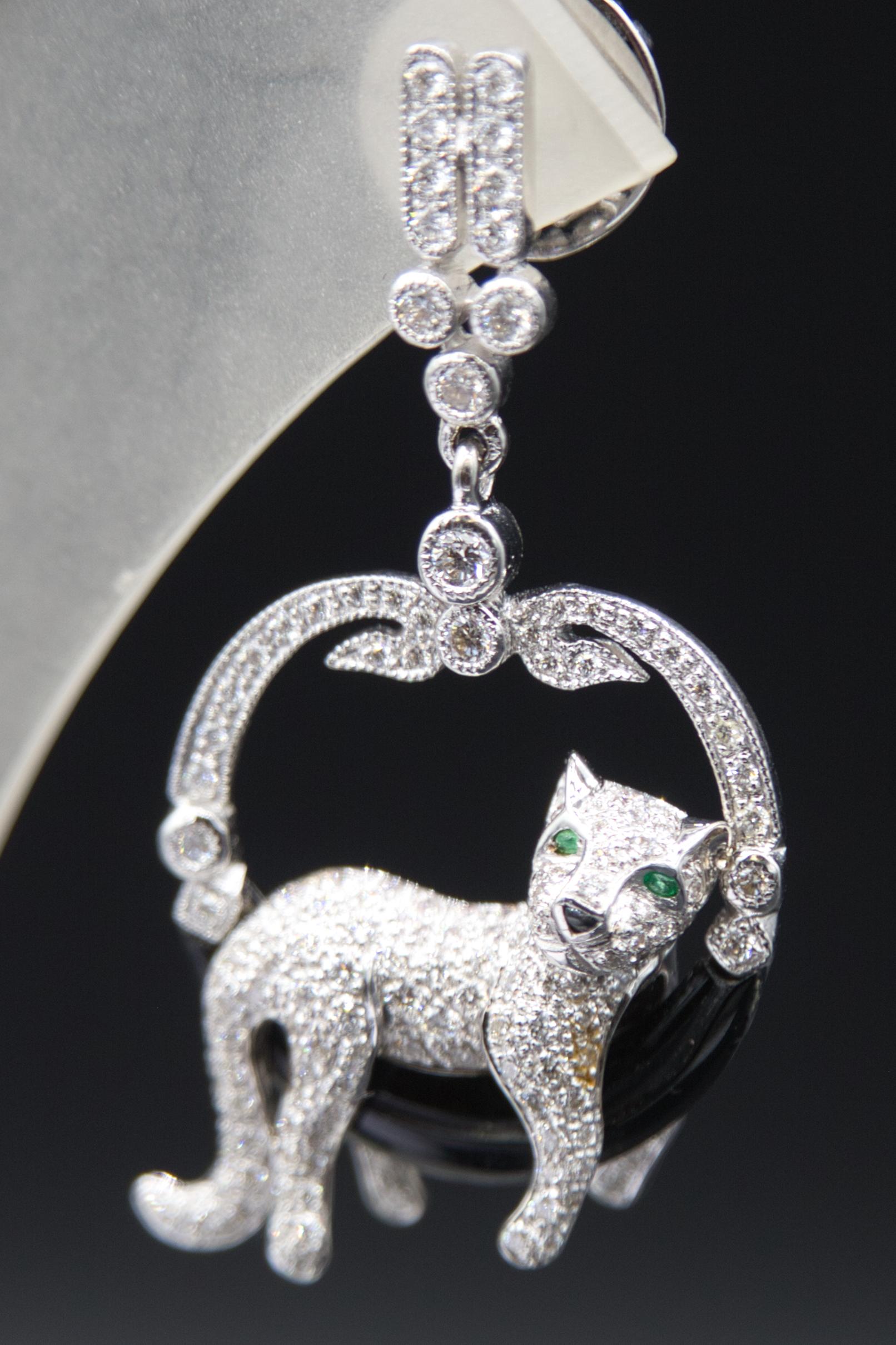 Panther earings 18 k gold diamond onyx emerald in vendita 3