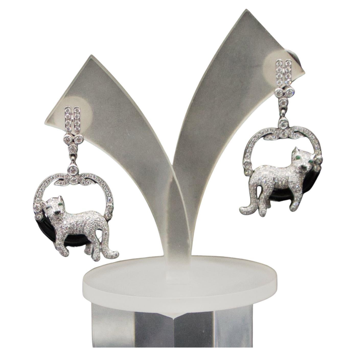 Panther earings 18 k gold diamond onyx emerald in vendita