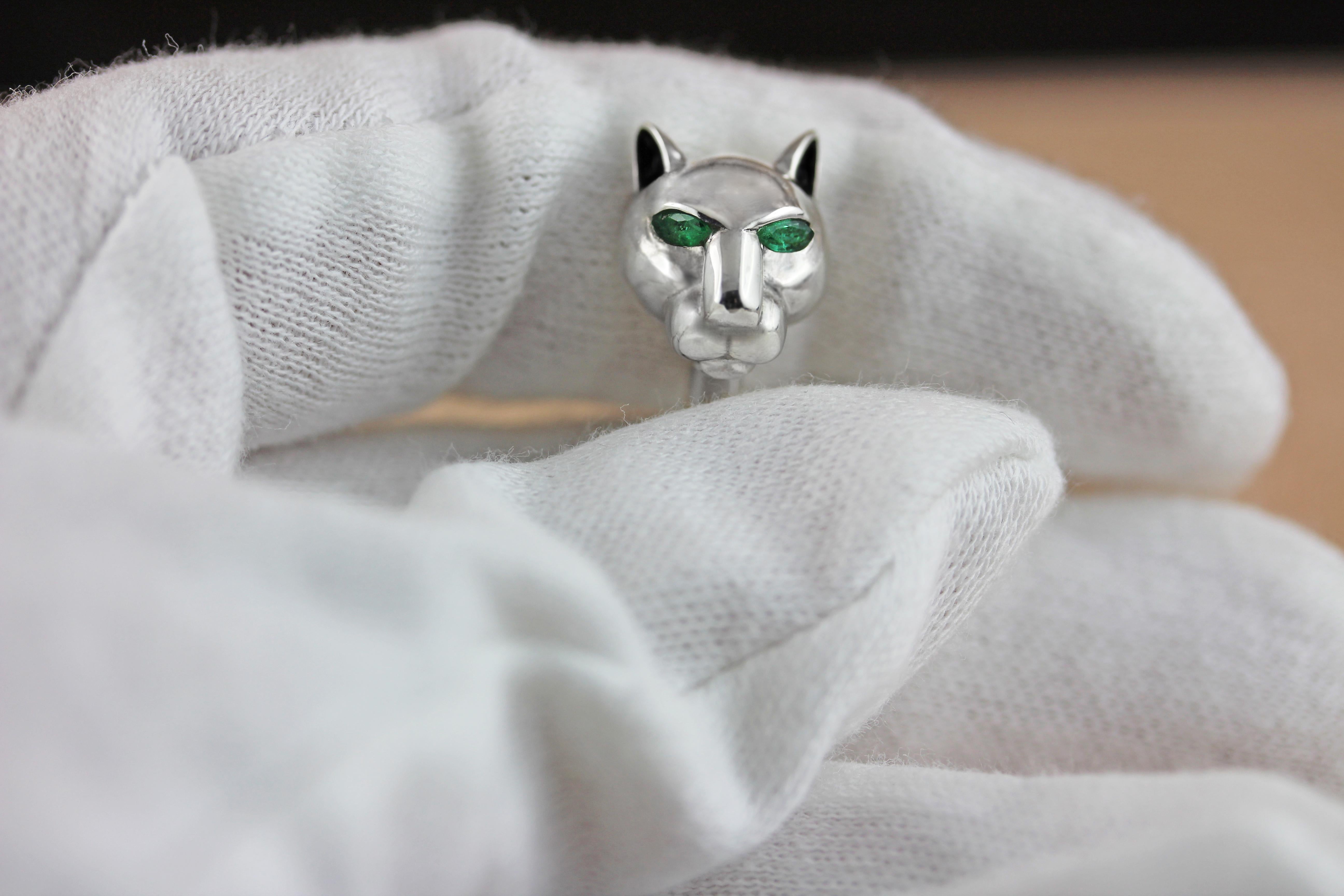 Silver 925 panther cufflinks embellished by emeralds on his eyes and a half sphere in malachite , ears with black enamel.

All AVGVSTA jewelry is new and has never been previously owned or worn. 
Each item will arrive beautifully gift wrapped in a
