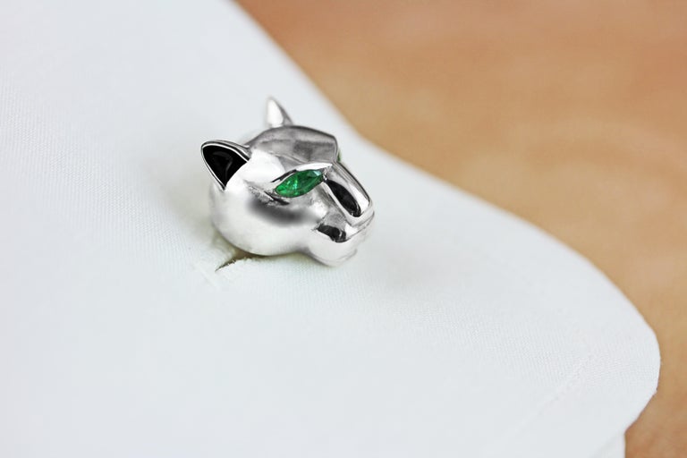Marquise Cut Panther Emeralds Malachite Black Enamel 925 Silver Cufflinks For Sale