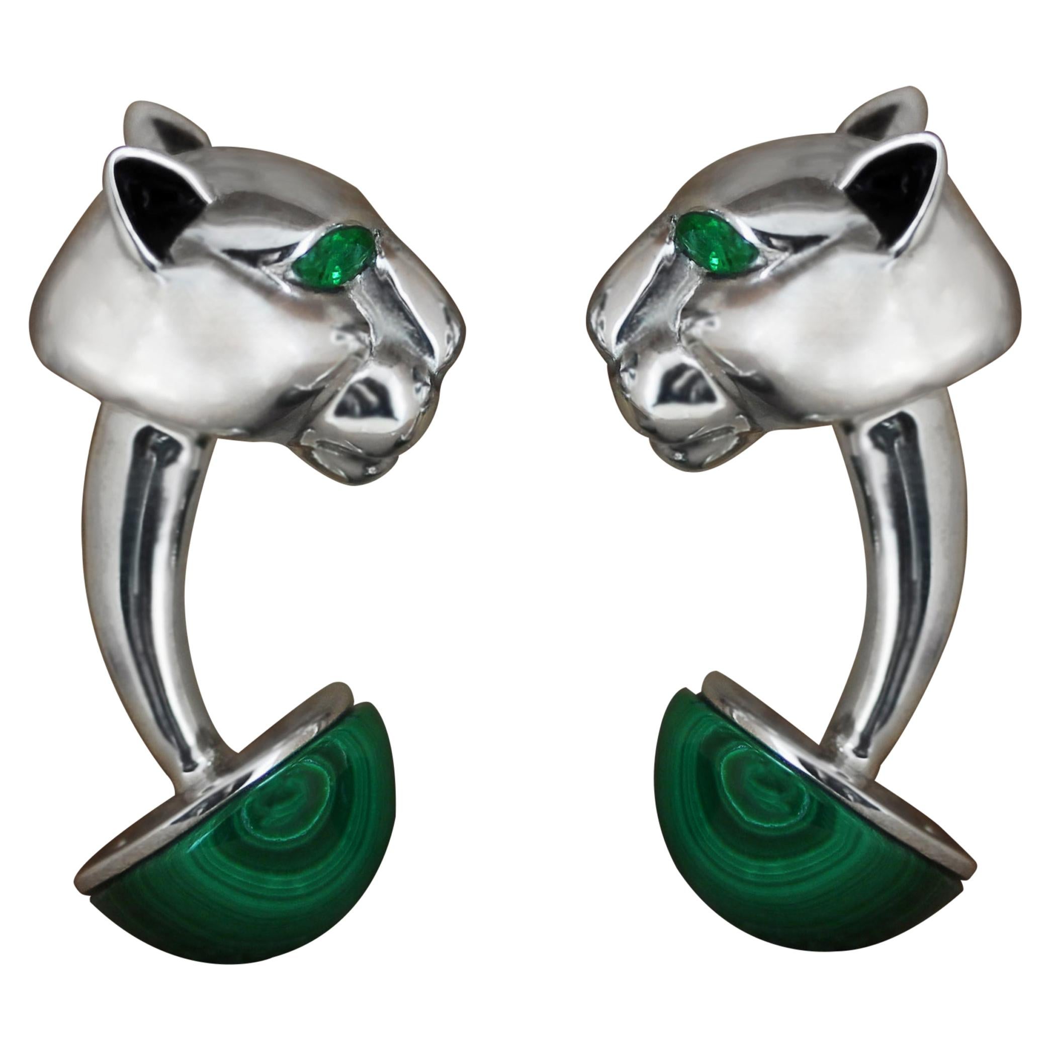 Panther Emeralds Malachite Black Enamel 925 Silver Cufflinks