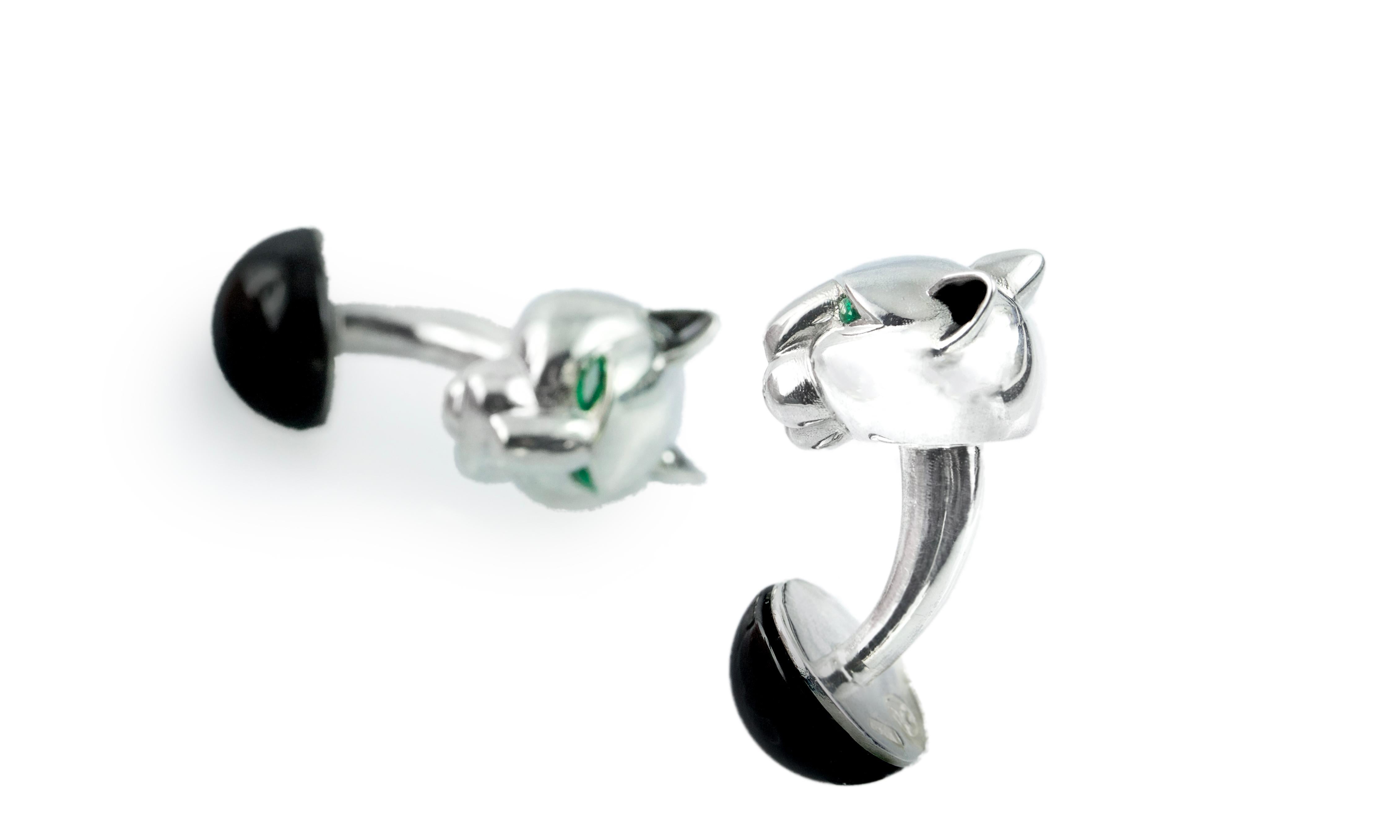 Silver 925 panther cufflinks embellished by emeralds on his eyes and a half sphere in onyx , ears with black enamel.

All AVGVSTA jewelry is new and has never been previously owned or worn. 
Each item will arrive beautifully gift wrapped in a