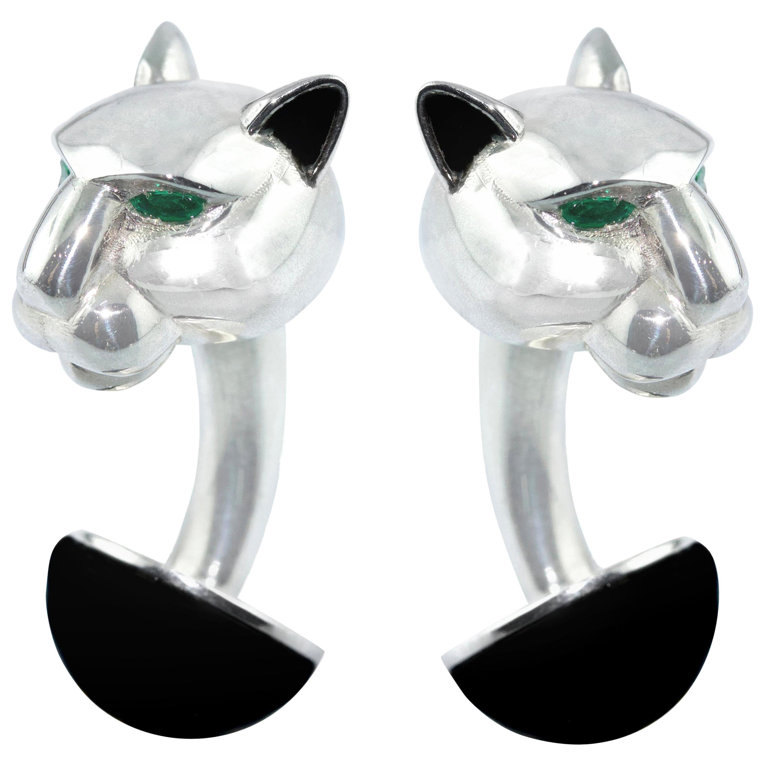 Gemelos Pantera Esmeraldas Ónix Esmalte Negro Plata