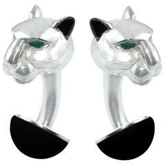 Panther Emeralds Onyx Black Enamel Silver Cufflinks