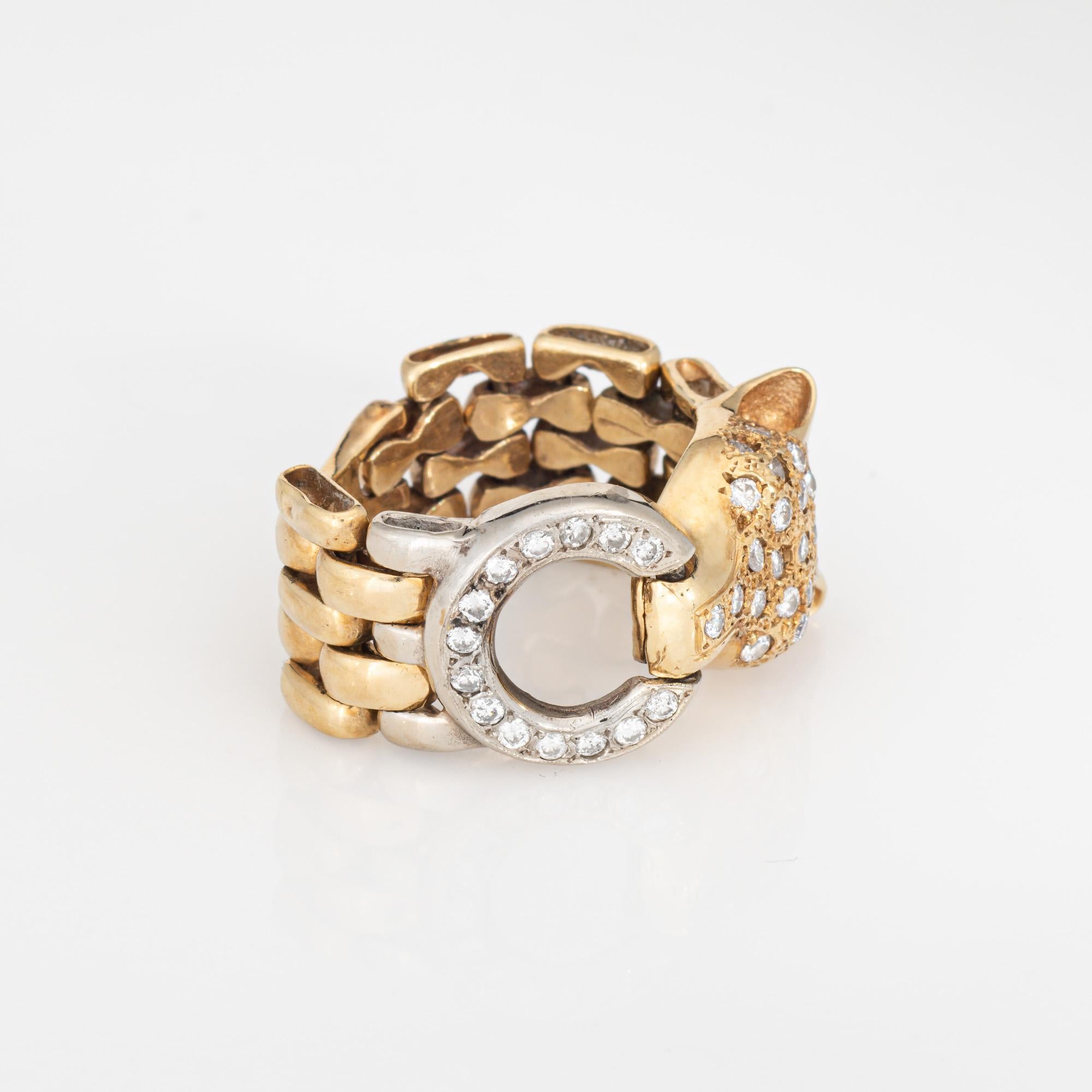 Anello pantera vintage finemente dettagliato in oro giallo 14k (circa anni '70-'80).  

I diamanti ammontano a circa 0,20 carati (colore I-J e purezza SI2-I1). 

Il cinturino a catena è flessibile e progettato per scivolare comodamente sul dito. Si