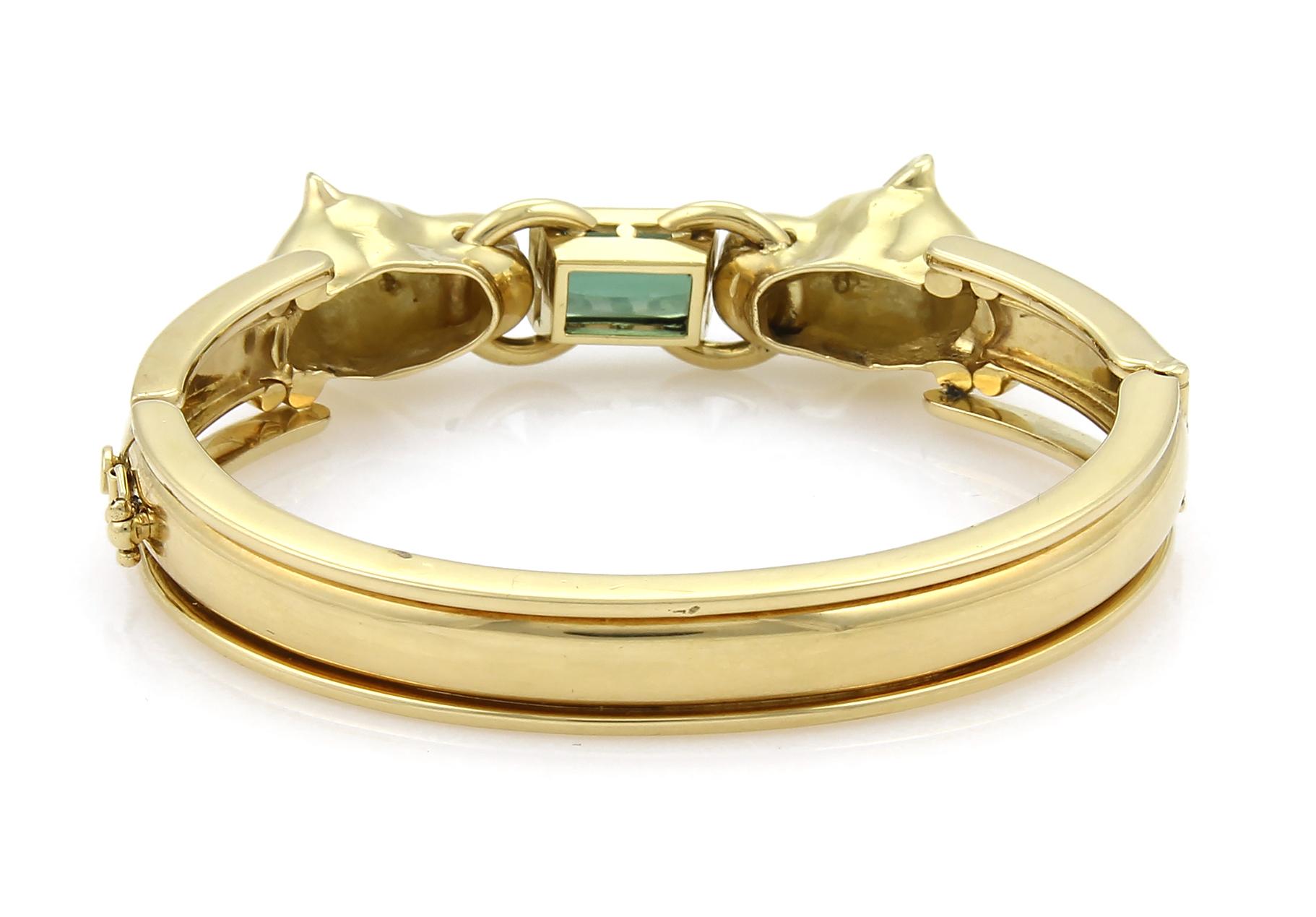 Brilliant Cut Panther Head 18k Two Tone Gold Green Tourmaline & Diamond Bangle Bracelet For Sale