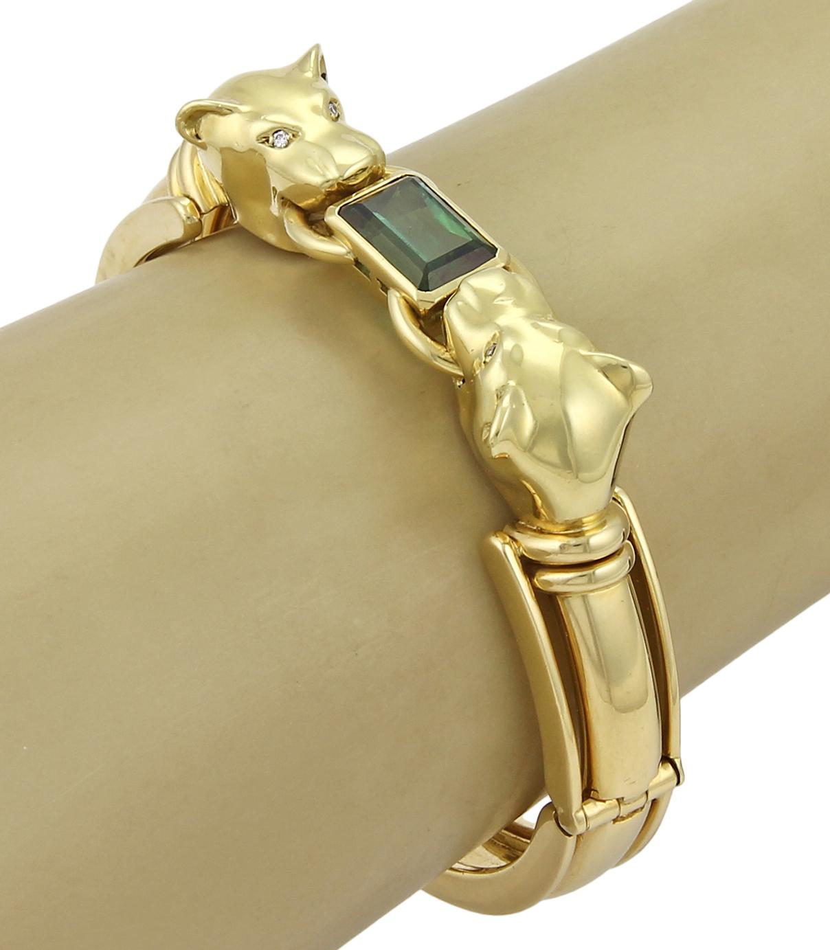 Women's or Men's Panther Head 18k Two Tone Gold Green Tourmaline & Diamond Bangle Bracelet For Sale