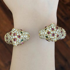 Panther Head Bangle Ruby and Diamond Pave Bracelet in 18k Yellow Gold