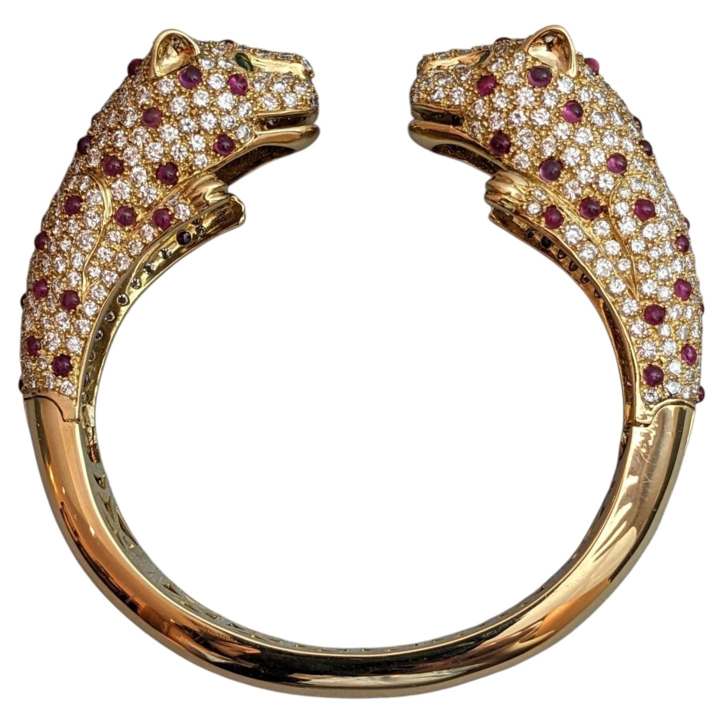 Panther Head Bangle Ruby and Diamond Pave Bracelet in 18k Yellow Gold For Sale