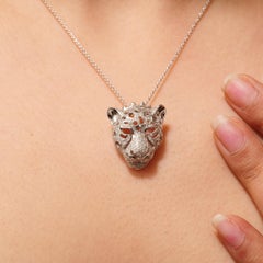 0.78 Carat Leopard Head Natural Diamond Animal Statement Pendant, 14k White Gold