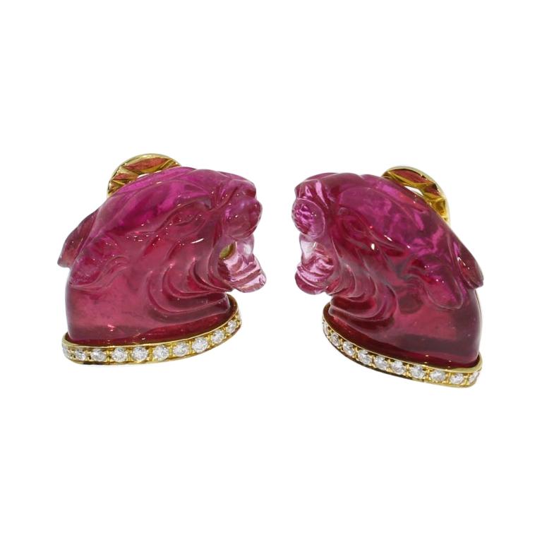 Panther Head Tourmaline Diamond Gold Ear Clips For Sale