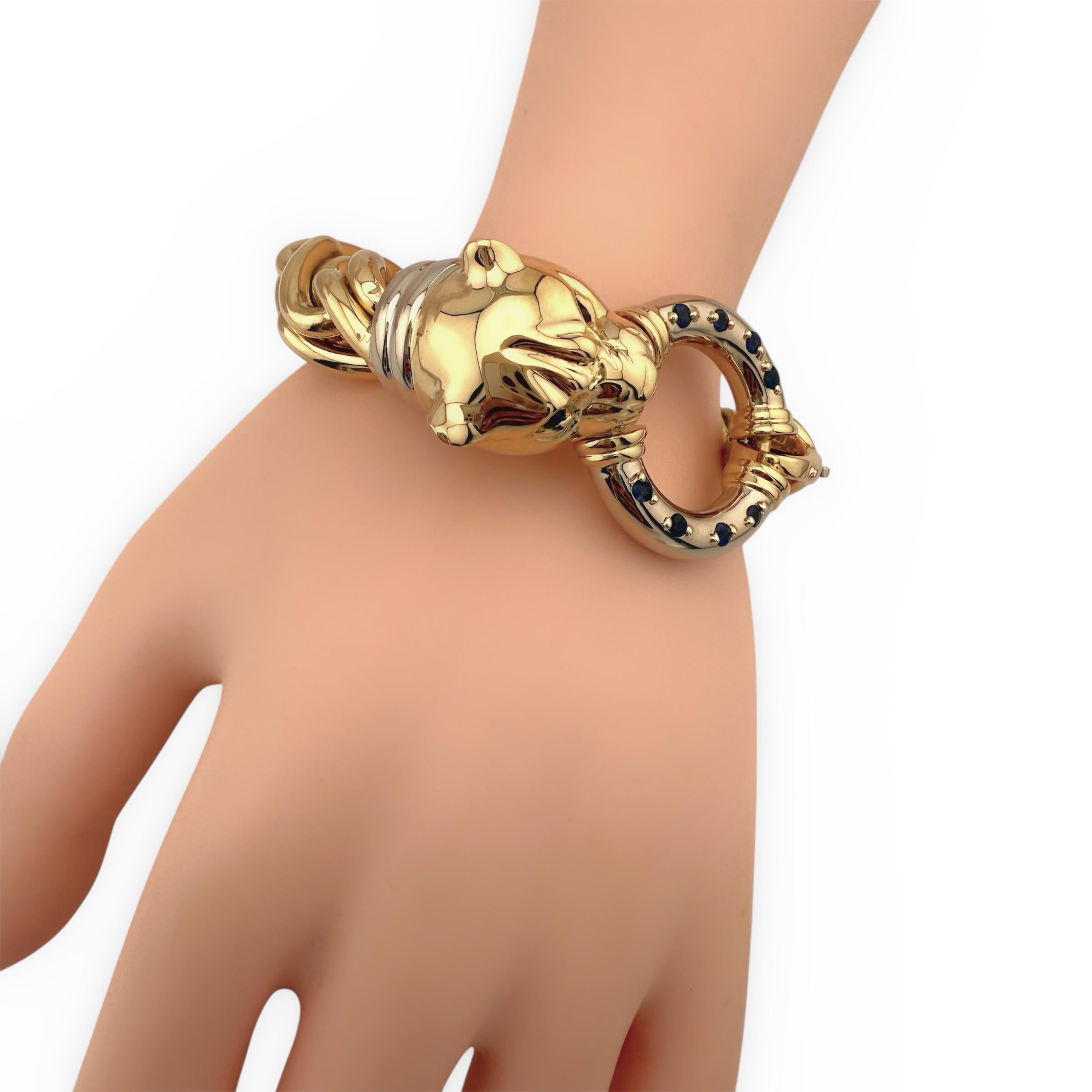 Pulsera Link Cabeza de Pantera con Zafiros Azules en Oro Blanco y Amarillo de 18k en venta 7