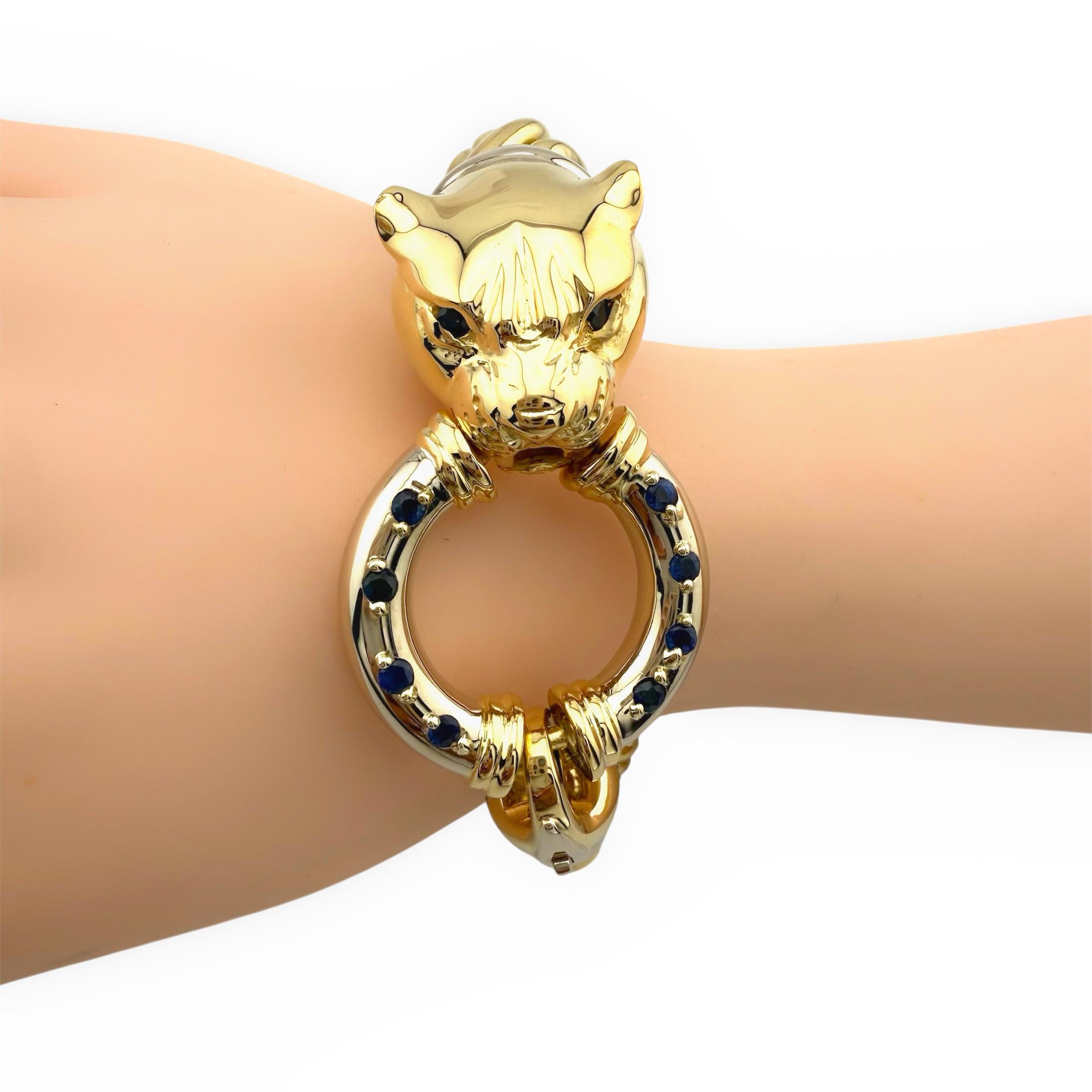 Pulsera Link Cabeza de Pantera con Zafiros Azules en Oro Blanco y Amarillo de 18k en venta 8
